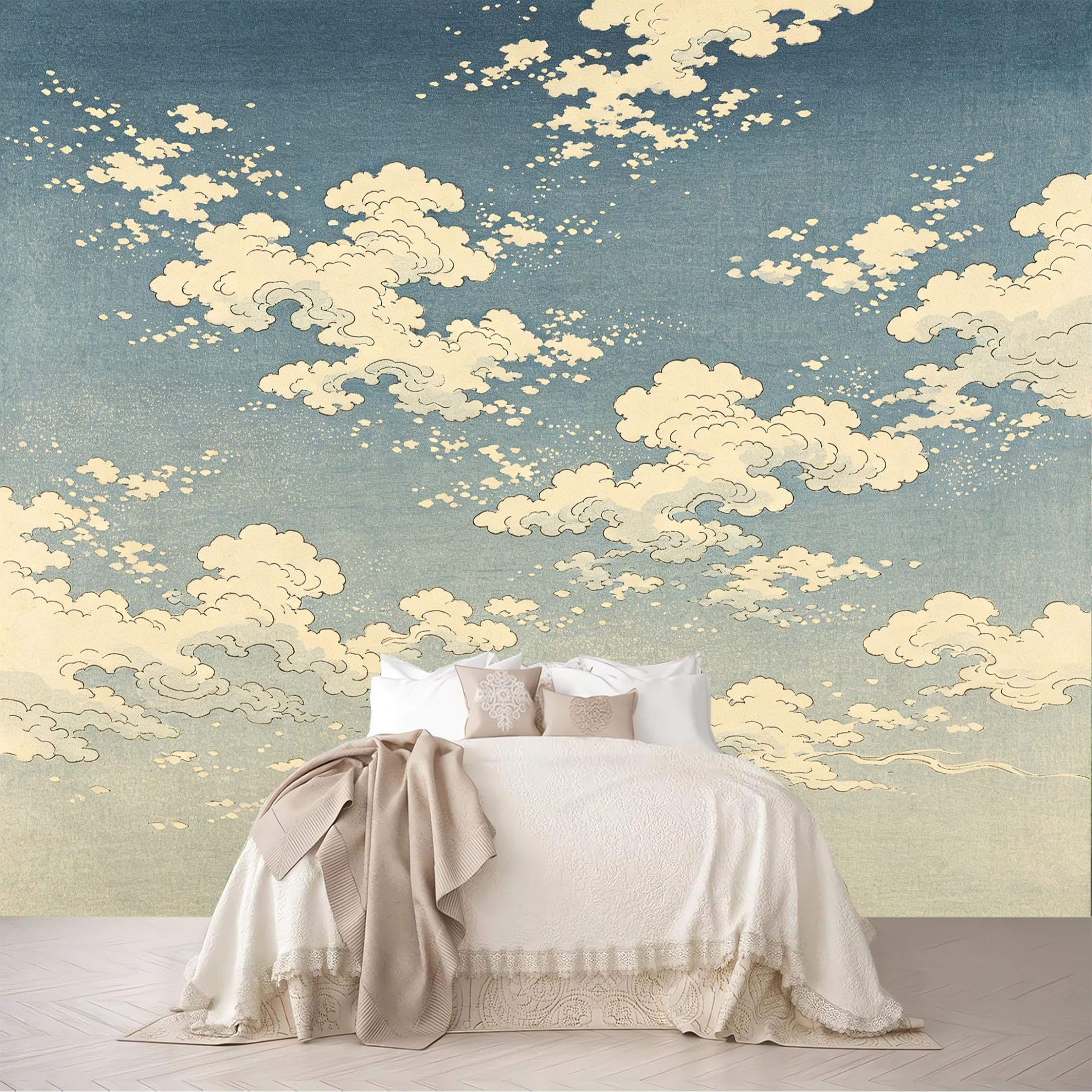 Dskjoviality Ab260706014 Custom Size Wall Mural Ukiyo-E Soft White Cloud Blue Sky Woodblock Print Wallpaper Removable Self Adhesive Peel And Stick Wallpaper For Bedroom Living Room