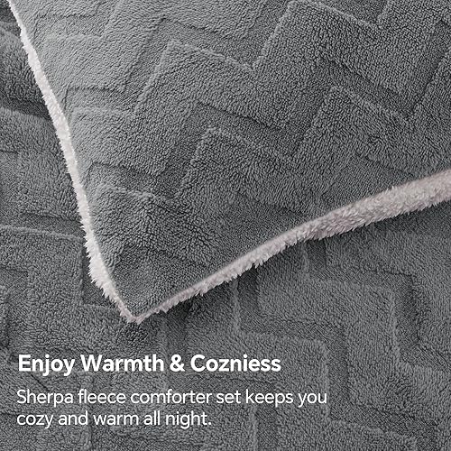 Miniatura 5 de BEDELITE Juego de edredón esponjoso tamaño king, edredón sherpa gris súper suave para cama tamaño King, juego de ropa de cama cálido de lujo para
