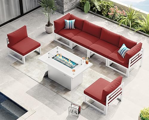 Miniatura 708 de NICESOUL 7 Piece White Powder-Coated Aluminum Patio Furniture with Fire Pit Table, 29 Inch Extra Wide Outdoor Sectional Sofa for 6, High-End Heavy