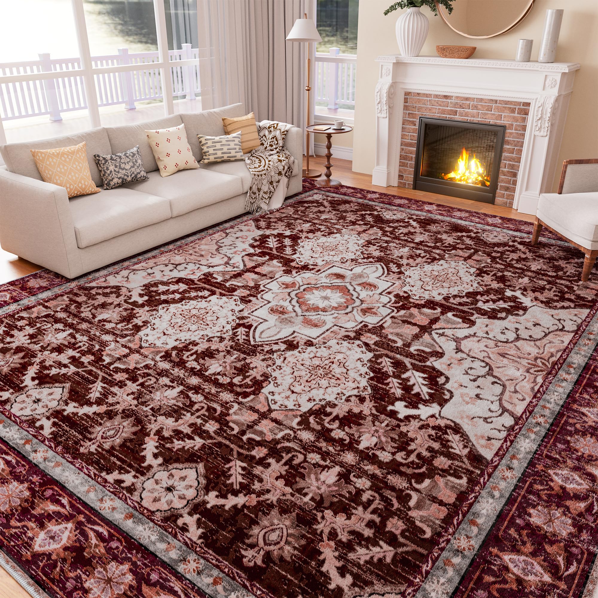 AMTOVO 6x9 Washable Area Rugs for Living Room, Non-Slip Boho Vintage Accent Medallion Print Pattern Carpet for Bedroom Dining Room Home Office Nursery