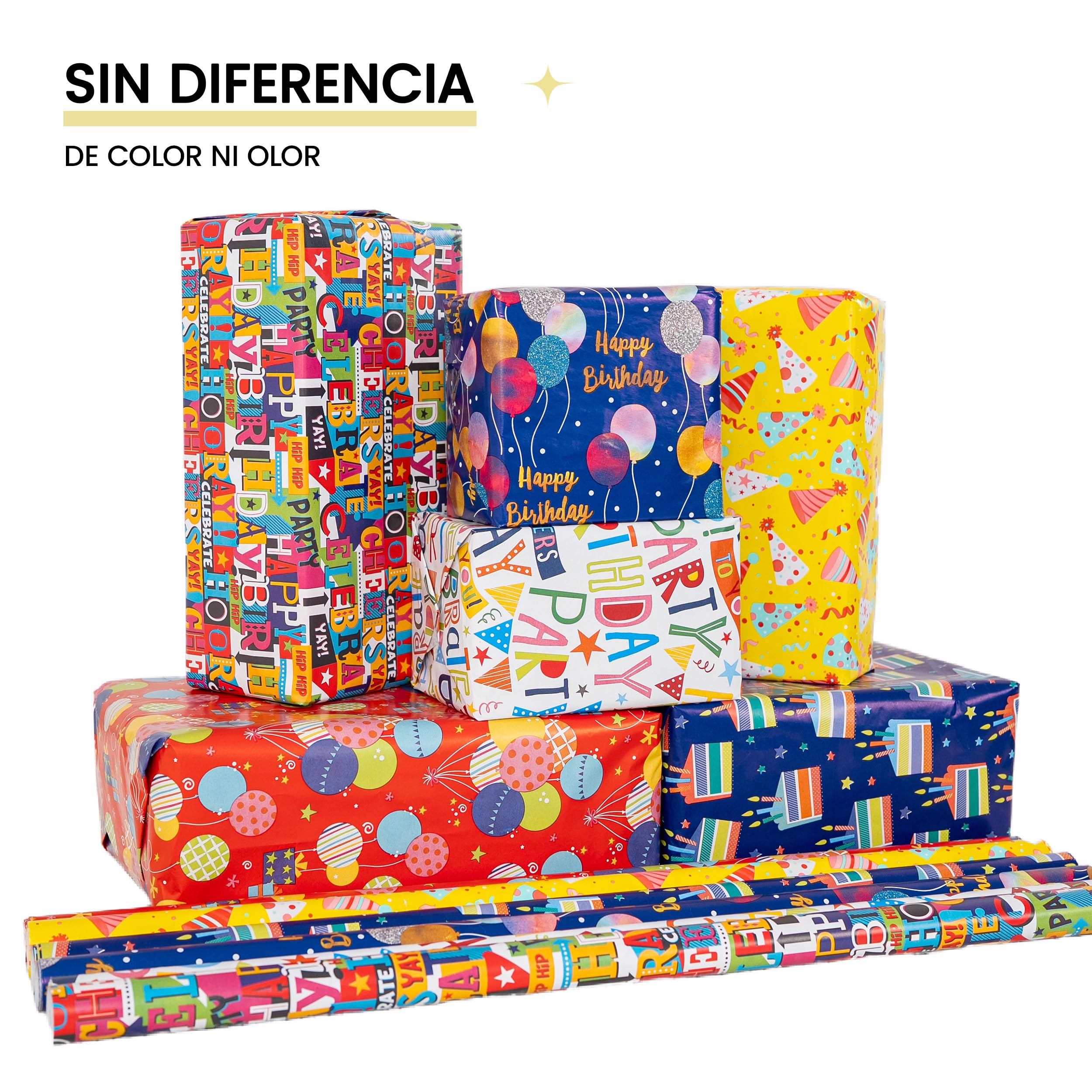 H HANSEL HOME Pack 6 Rollos Papel de Regalo Cumpleaños 70x200cm – Diseños Coloridos Happy Birthday – Papel Resistente para Envolver Regalos y Fiestas