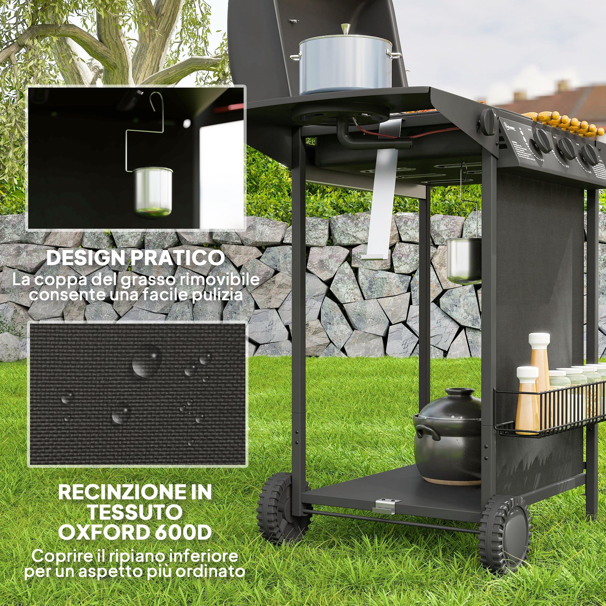 Outsunny Barbecue a Gas 4 Bruciatori 9.5kW con Coperchio Termometro Ruote Nero