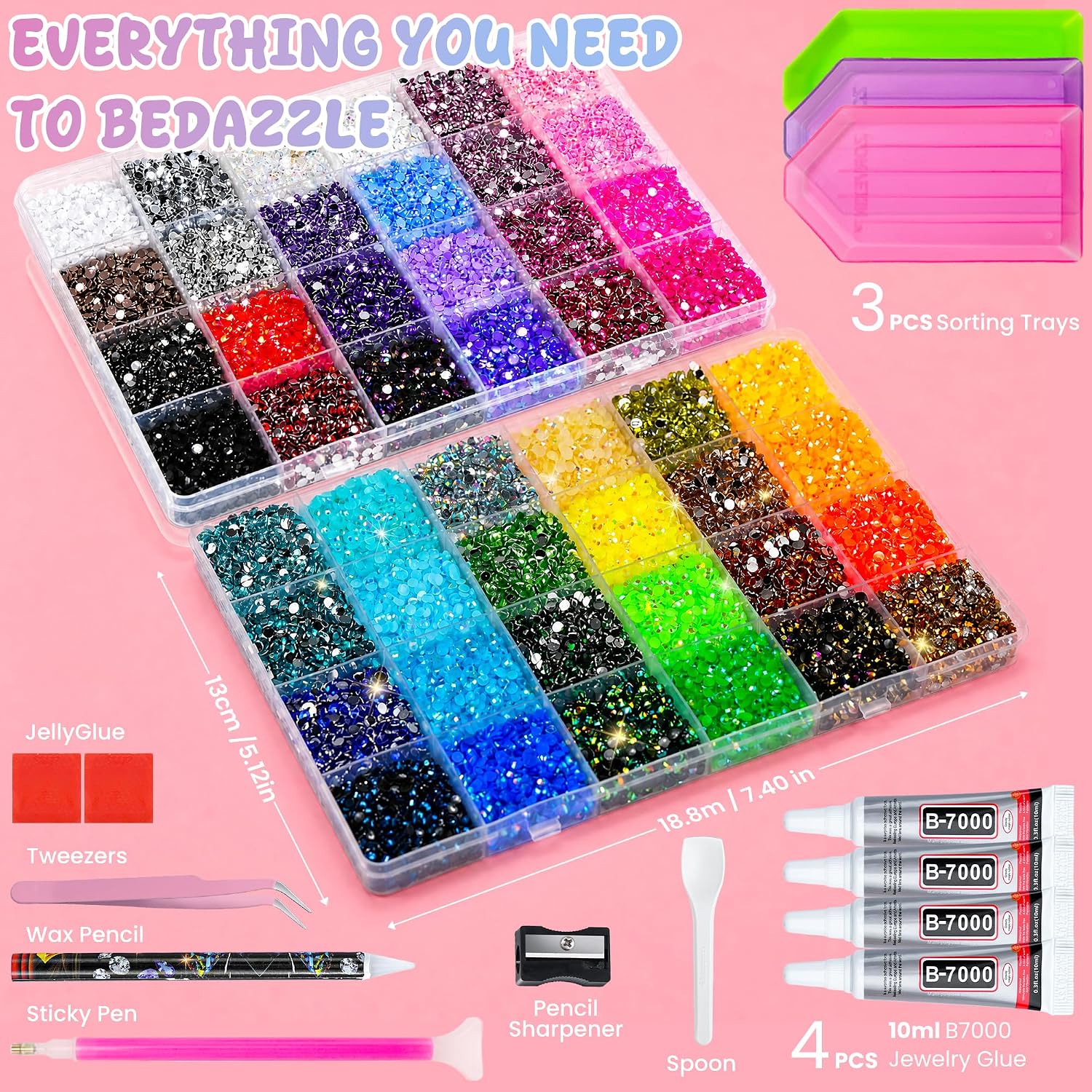 70000Pcs 2 Boxes Bedazzling Kit with Rhinestones, 48 Colors 3mm Resin Flatback Rhinestones with 4 Pcs B7000 Jewelry Glue & Tools, Diamond Art All-in-One Bedazzling Kit for DIY Arts & Crafts Gifts