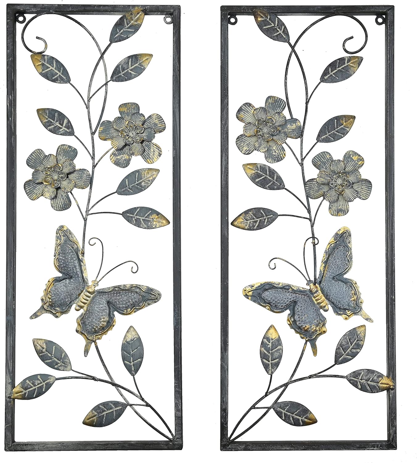 Remenna Metal Wall Art- Flower & Butterfly Wall Decor Modern Farmhouse Decoration Rustic Wall Decor for Bedroom Bathroom Living room Outdoor Garden Set of 2