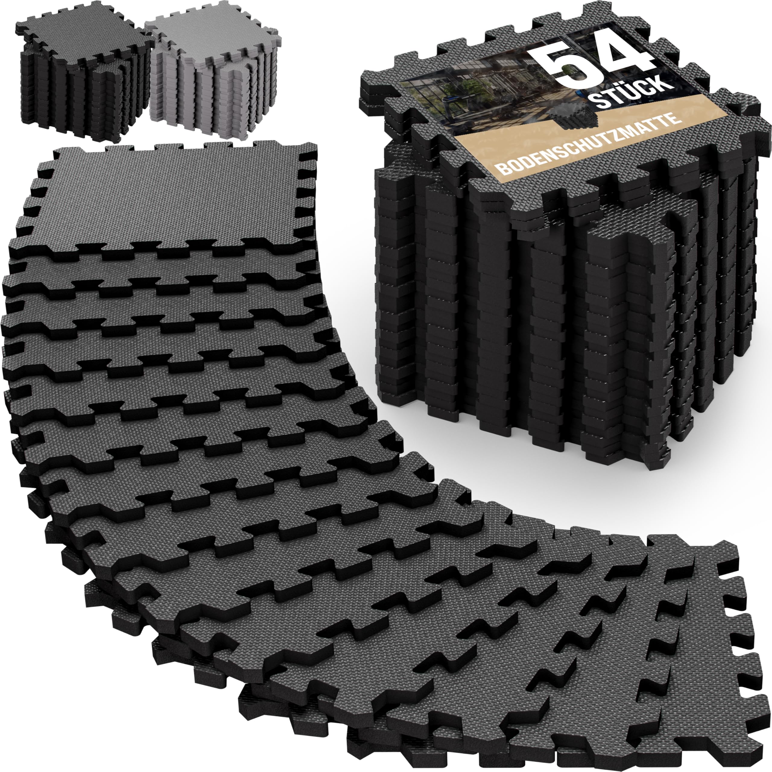 MONZANA® 54x Fitness Floor Protection Mats with Edge Pieces | 30x30cm Non-Slip EVA Foam Puzzle Mat | Training Mats Fitness Equipment 4.6m² | 54pc Black