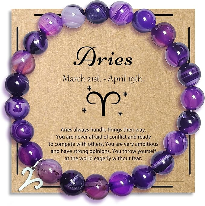 ZCCLINN Aries Bracelets Birthday Gifts, Zodiac Astrology Bracelets Present for Women, Aries Constellation Crystal Bracelet, Purple Unique Jewelry with Wish Card for Sister Mom Friend