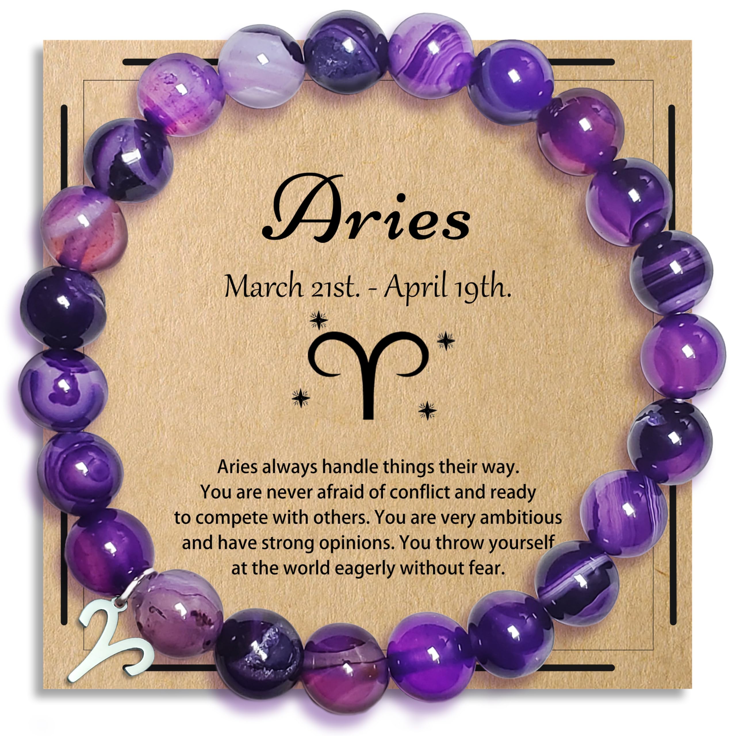 Aries Bracelets Birthday Gifts, Zodiac Astrology Bracelets Present for Women, Aries Constellation Crystal Bracelet, Purple Unique Jewelry with Wish Card for Sister Mom Friend