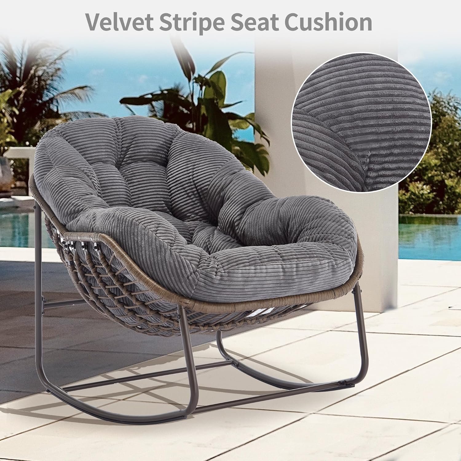 Oversized Papasan Rocking Chair - Outdoor Luxury Comfy Patio Chair, Indoor Egg Royal Rattan Rocking Chair with Strip Velvet Cushion for Front Porch Lounge Lawn Bedroom Living Room (Grey)