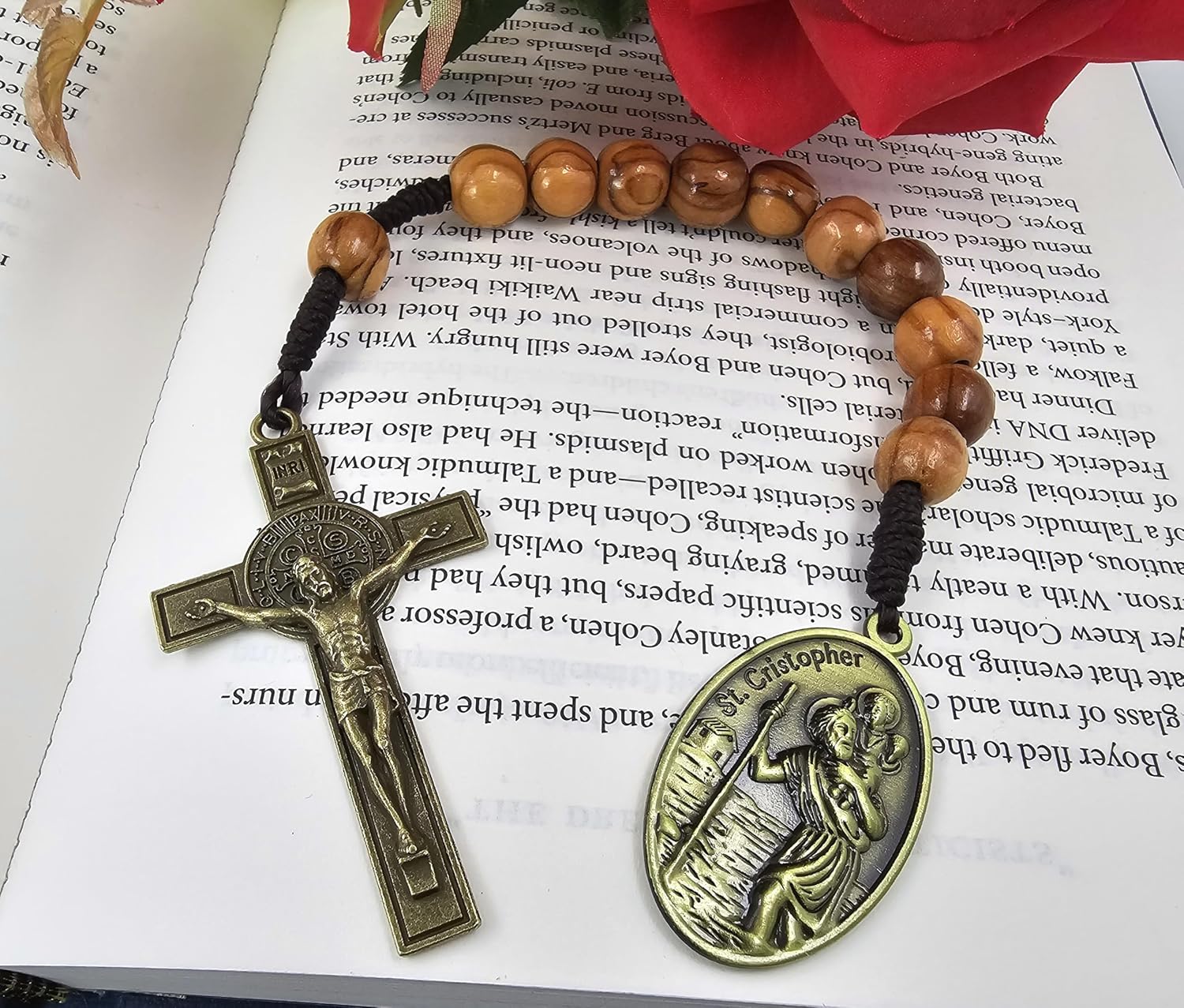 TALISMAN4U Saint Christopher Medal One Decade Prayer Pocket Rosary St Benedict Medal Crucifix Cross 10 mm Olive Wood Beads Open Style Wooden Tenner Rosaries Handmade Catholic Gift Linen Rosary Pouch