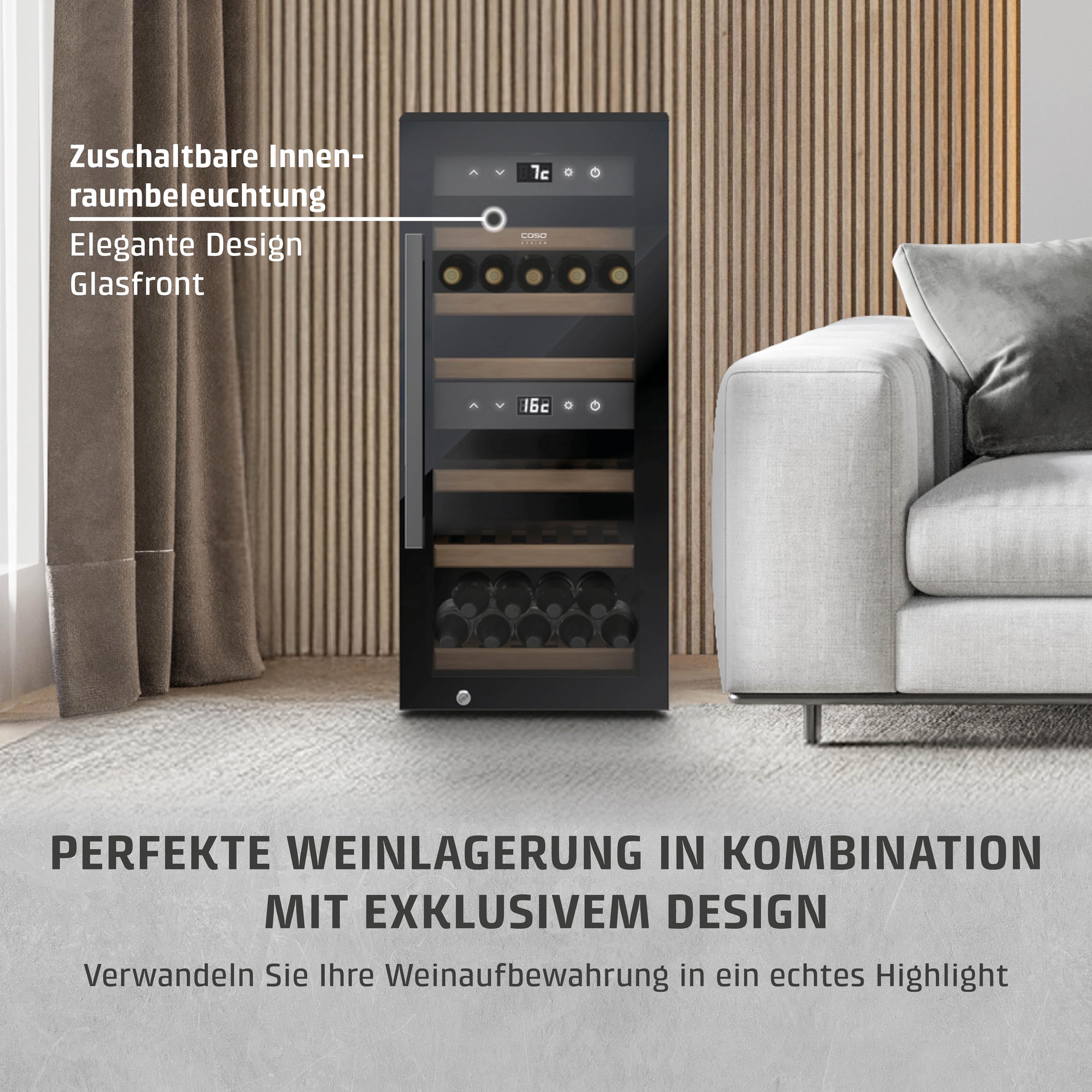 Caso WineExclusive 24 Smart - Design Weinkühlschrank, bis zu 24 Flaschen, Zwei getrennte Temparaturzonen einstellbar von 5°-20°C, LED beleuchtet, mit Wi-Fi Modul und App