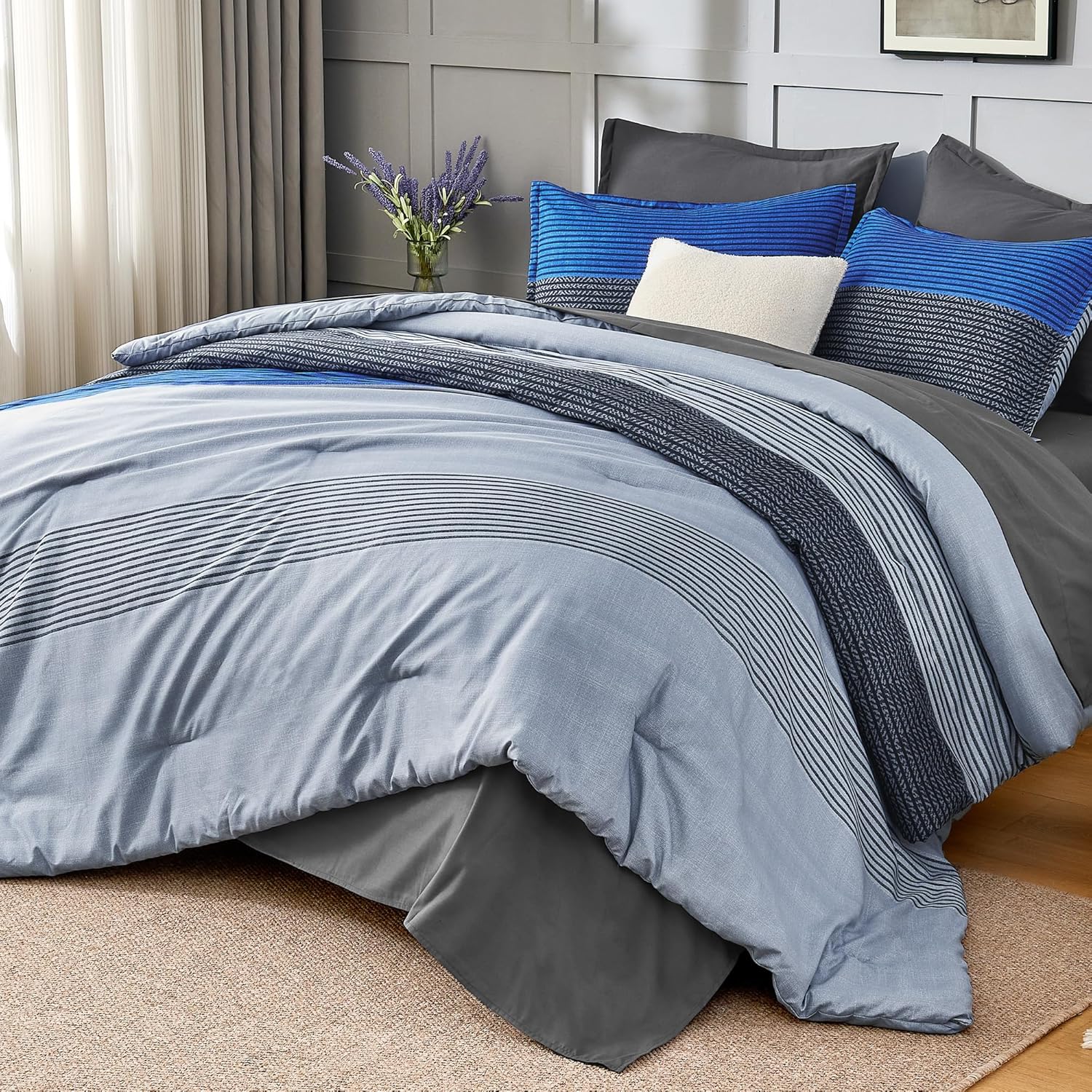 Andency Full Size Comforter Set 7 Pieces - Blue Grey Striped Lightweight Bed in a Bag, Soft Microfiber Farmhouse All Season Bedding Set with Comforter, Fitted & Flat Sheet, Pillowcases & Shams - Image 2