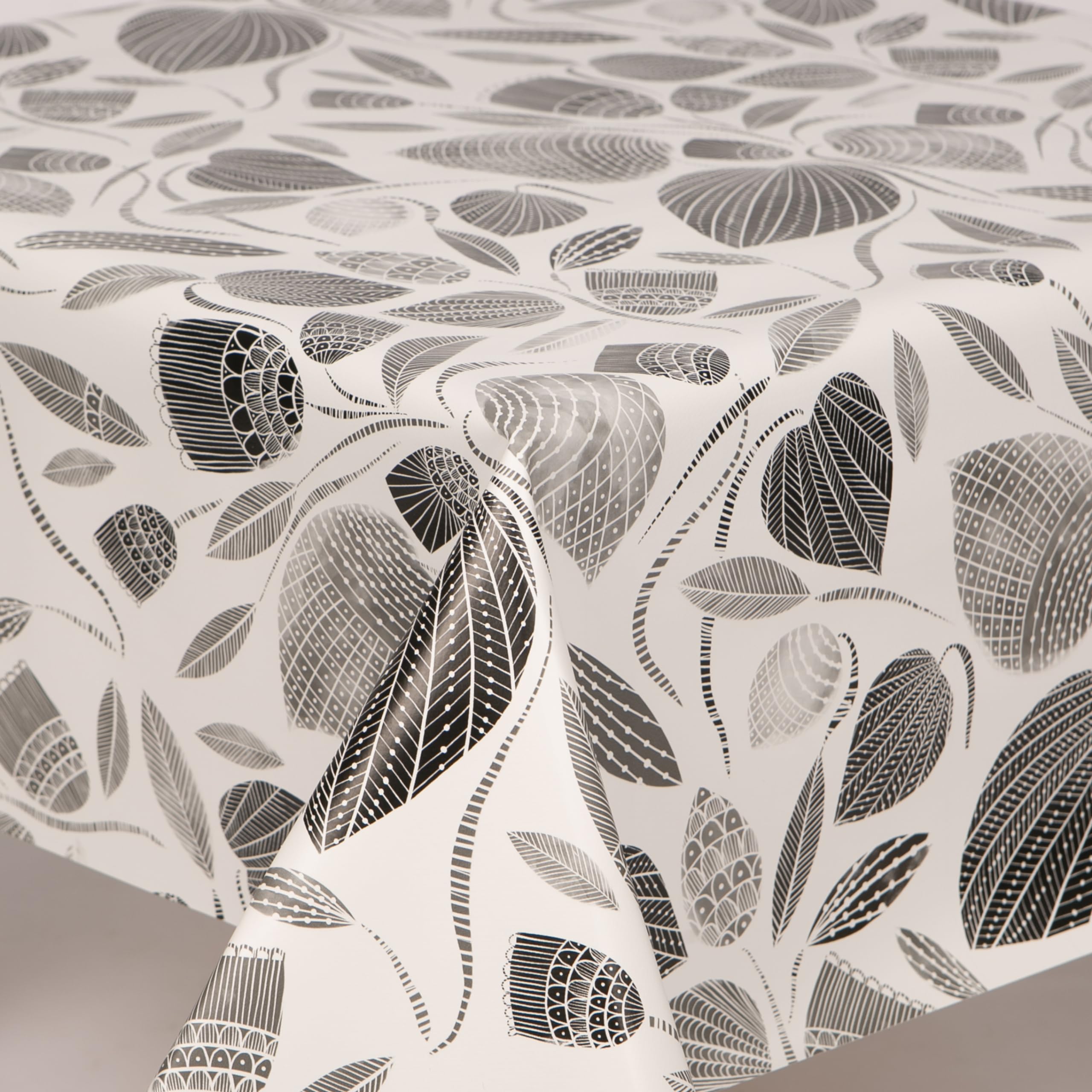 Home Expressions Monochrome Flowers and Leaves Wipe Clean Vinyl Table Cloth/Protector Textile Backing (Oval 137cm x 183cm)