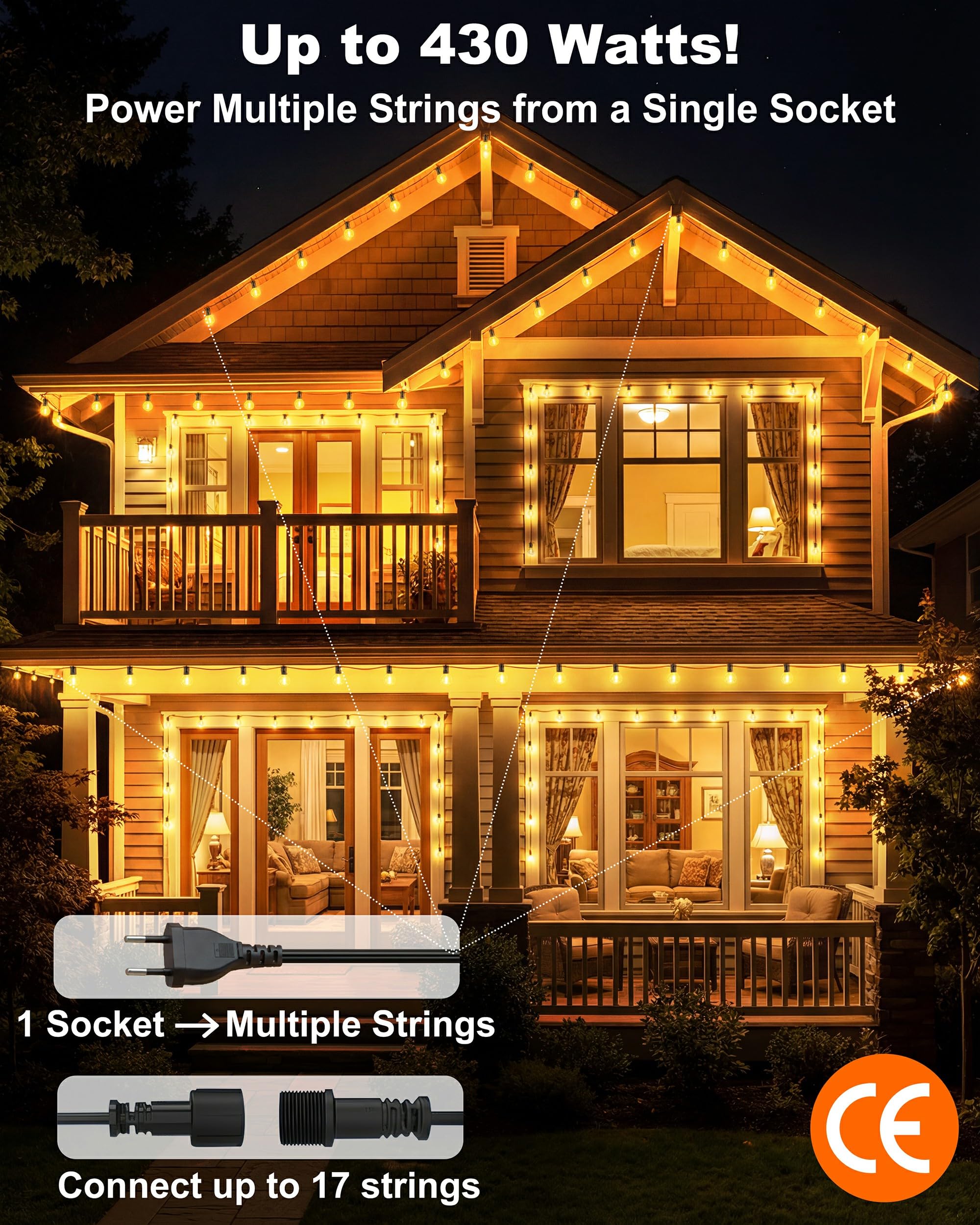 Lichterkette Außen 36M, Dimmbar G40 LED Lichterkette Strom | 50+2 G40 Glühbirnen, IP65 Wasserdichte, Bruchsicher, Anschließbar 2700K LED Strom für Balkon, Garten, Terrasse, Hochzeiten