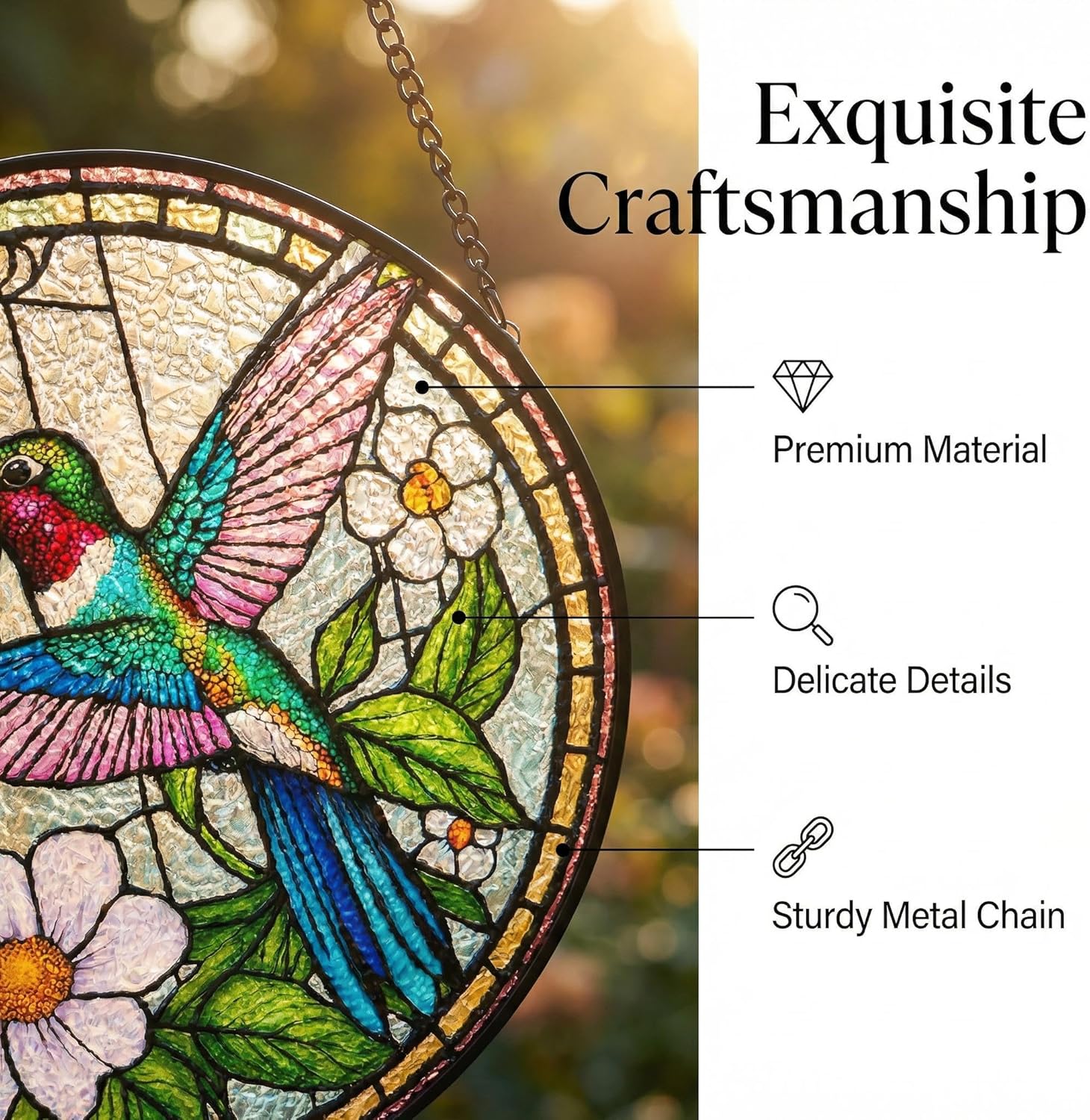 Stained Glass Window Hanging Suncatcher - Hummingbird Decor Wall Art for Indoor Outdoor, Bird Sympathy Gifts for Women Mom, Garden Suncatchers(B8)