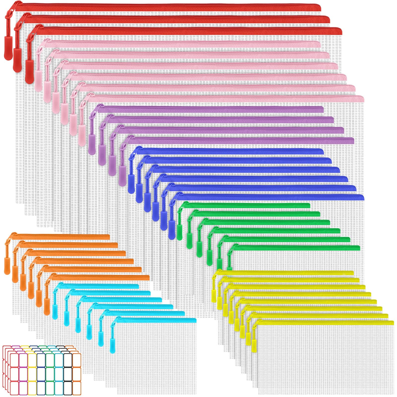 Pack of 45 Waterproof Document Bags with Zip, 8 Sizes Mesh Bag Zipper Bag PVC Plastic Transparent Bag for School, Cosmetics, File Organising, Stationery Storage - Colourful