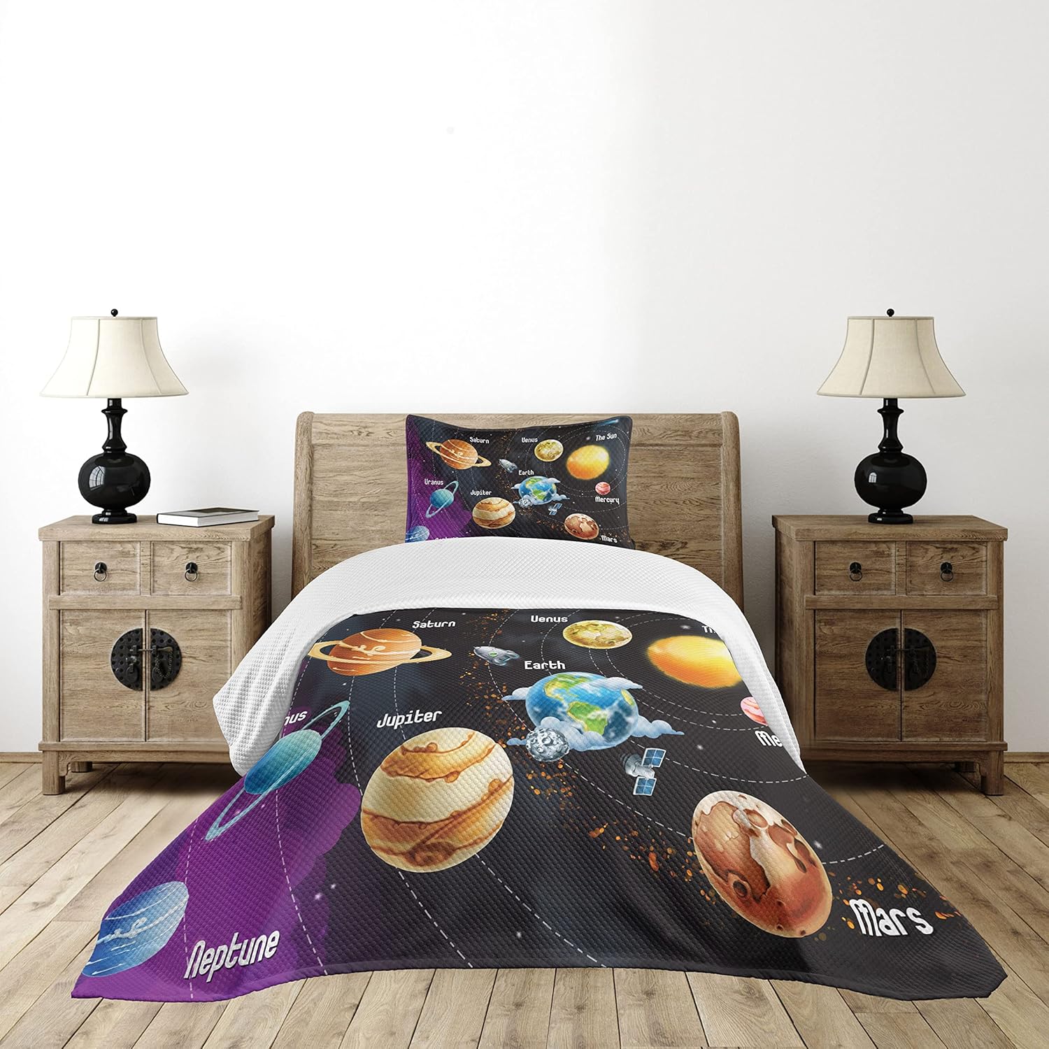 Ambesonne Outer Space Bedspread, Solar System of Planets Milky Way Neptune Venus Mercury Sphere Illustration, Decorative Quilted 2 Piece Coverlet Set with Pillow Sham, Twin Size, Black Purple Twin Size Black Purple