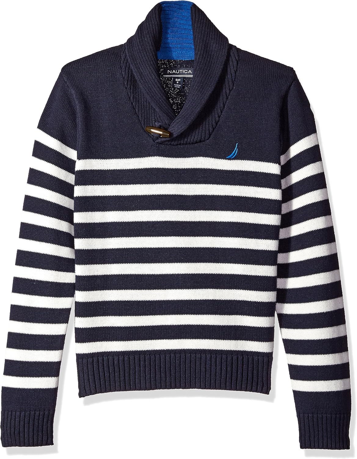 Nautica Boys' Shawl Collar 'Rockport' Striped Sweater with Neck Toggle Closure
