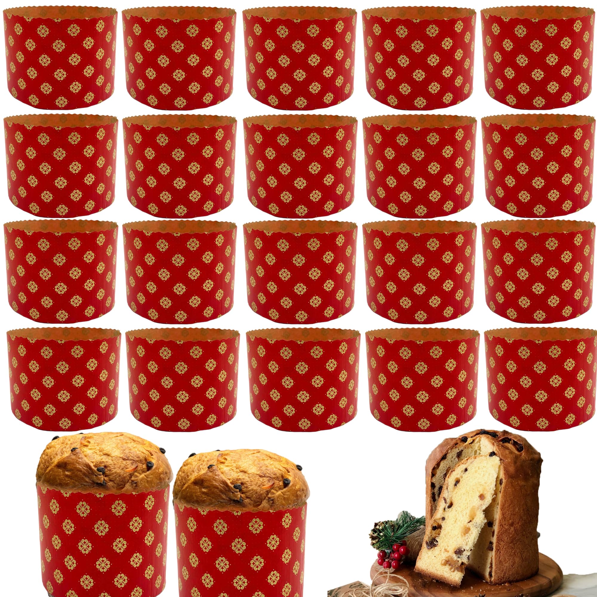 DHER 20 pcs Molde de papel para panettone Formas culinarias para pastel Panettone resistente a altas temperaturas Taza de papel para pan de Navidad (Rojo, 135 * 95 mm)