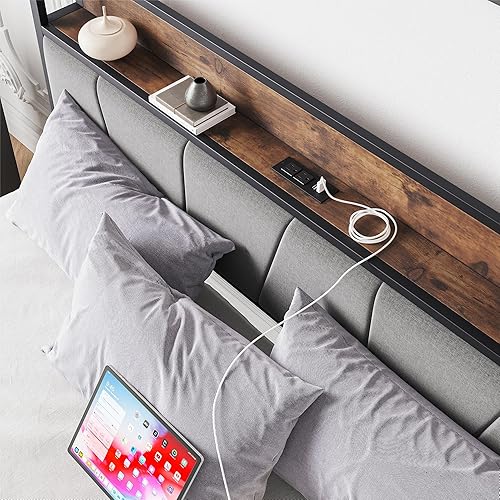 Miniatura 5 de Anwick Cama Queen de metal, base de cama industrial tamaño Queen con cabecera y 2 puertos USB, base de colchón resistente con almacenamiento debajo