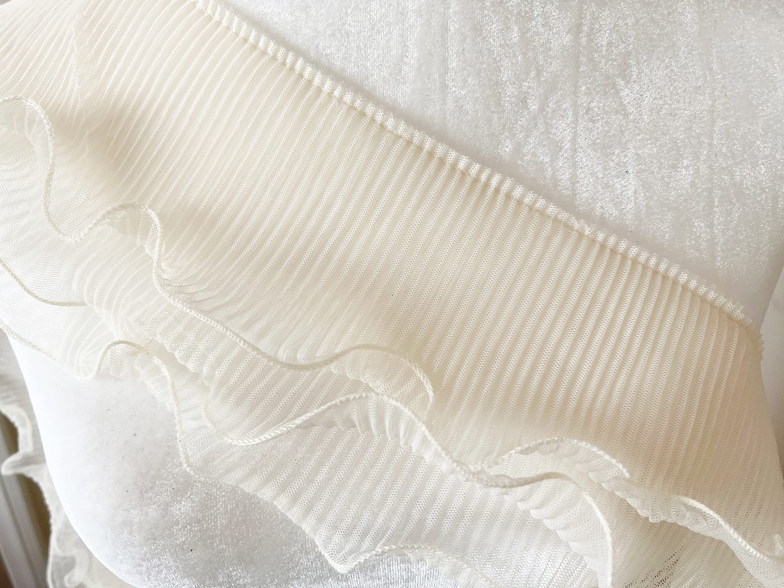 PEPPERLONELY 1 Yard 3-Layer Pleated Tulle Lace Chiffon Fabric Ribbon Fringe Elastic Ruffle Trim Dress Collar Cuffs DIY Sewing Material, 5 Inches Width, Ivory