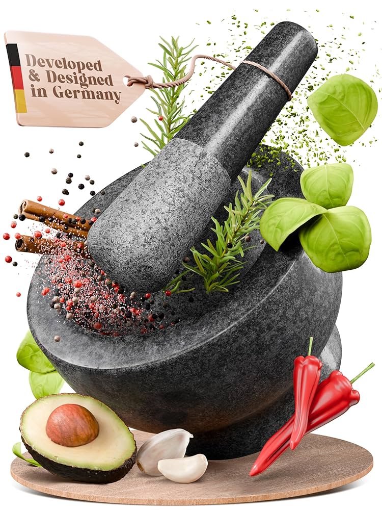 ChefSofi Mortar and Pestle Set - Black Polished Exterior - 6 inch - 2 Cup Capacity
