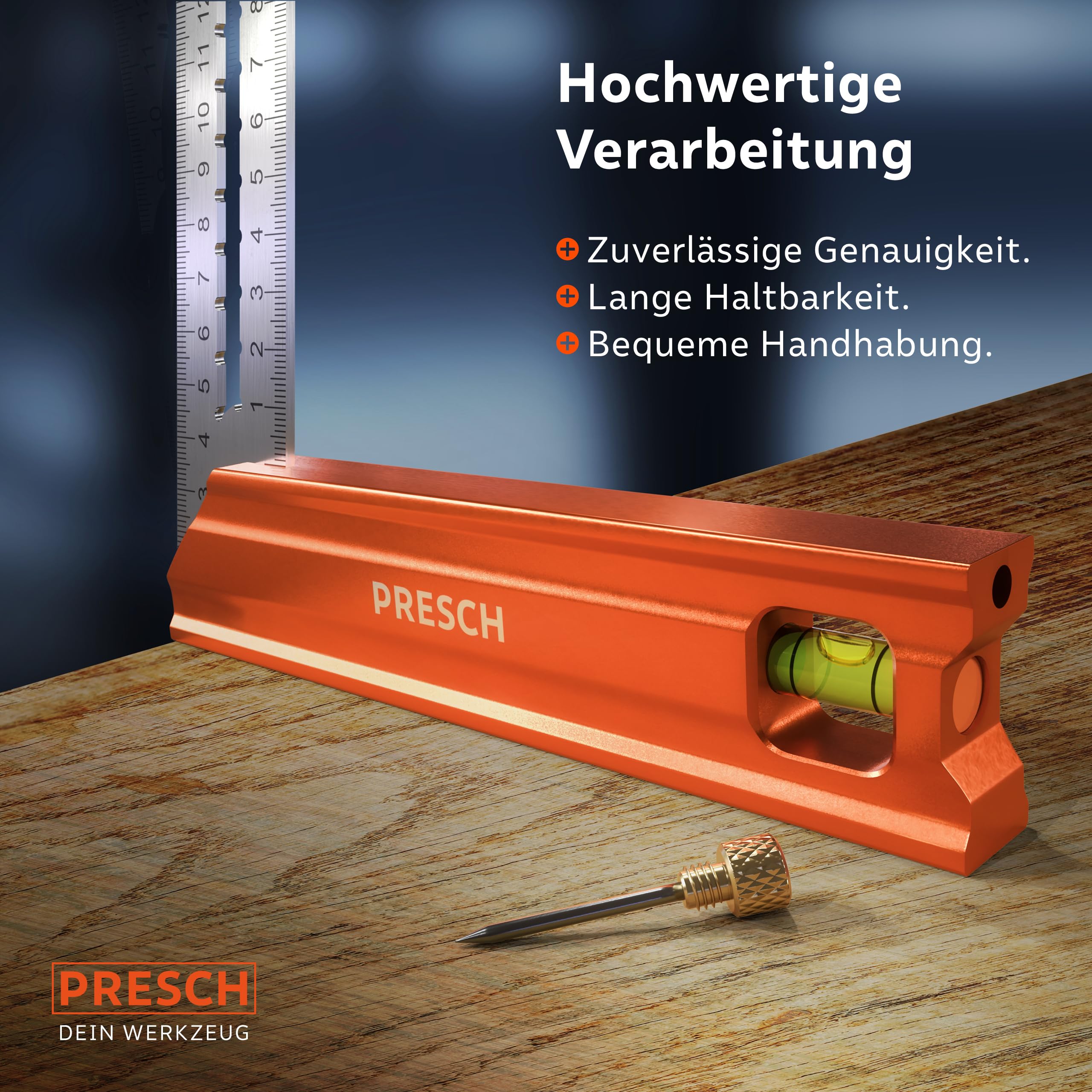 Presch Anschlagwinkel Set - 200mm, 300mm & 400mm - Hochpräzise & Rostfrei - Innovatives Streichmaß - Exakter 90° und 45° Anschlag inkl. Wasserwaage & Anreißnadel für ultimative Vielseitigkeit