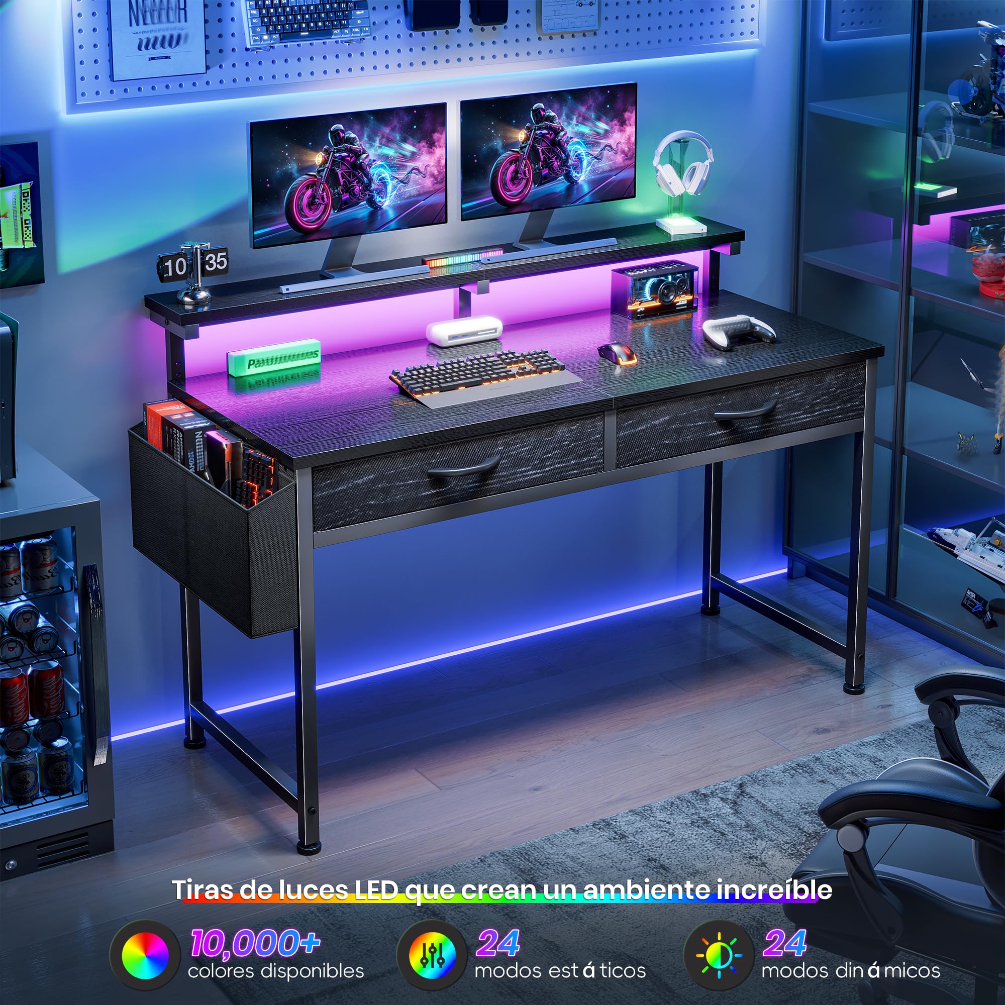 Escritorio con Luces LED y 2 Cajones, 100x50 cm Mesa Gaming con Soporte para Ganchoy Bolsa Lateral, Escritorio RGB con Gancho para Oficina en Casa, Oficina y Habitación Juvenil, Negro