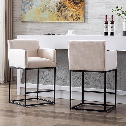 Miniatura 7 de RIVOVA Juego de 2 taburetes de bar tapizados de tela de lino con respaldo y brazos, sillas de bar de metal, taburetes de cocina para isla, bar en