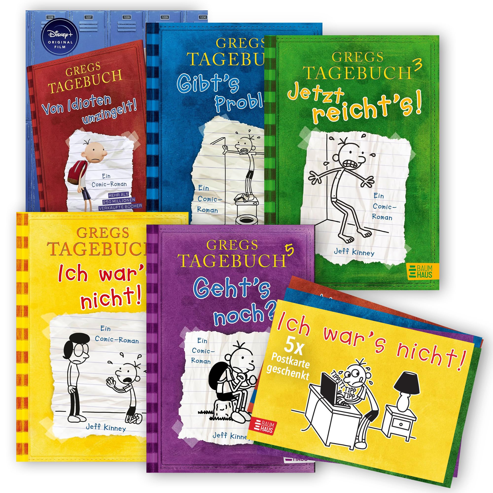 Jeff Kinney Bücherset – Gregs Tagebuch Band 1-5 – Von Idioten umzingelt, Gibt’s Probleme?, Jetzt reicht’s!, Ich war’s nicht! und Geht’s noch? – Kinderbuch Bestseller mit je einer exklusiven Postkarte