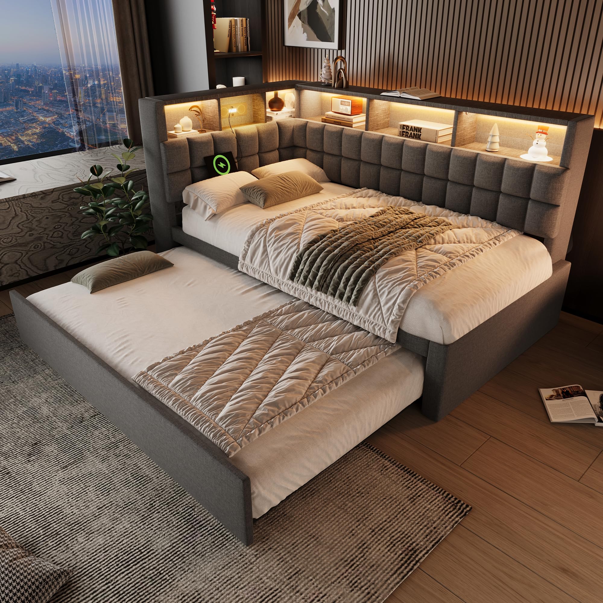 Cama tapizada de 90 x 200 cm, cama de día con cama nido, sofá cama con LED y puerto de carga USB y tipo C, altavoz Bluetooth, cabecero en L con estante de almacenamiento, lino, sin colchón (gris