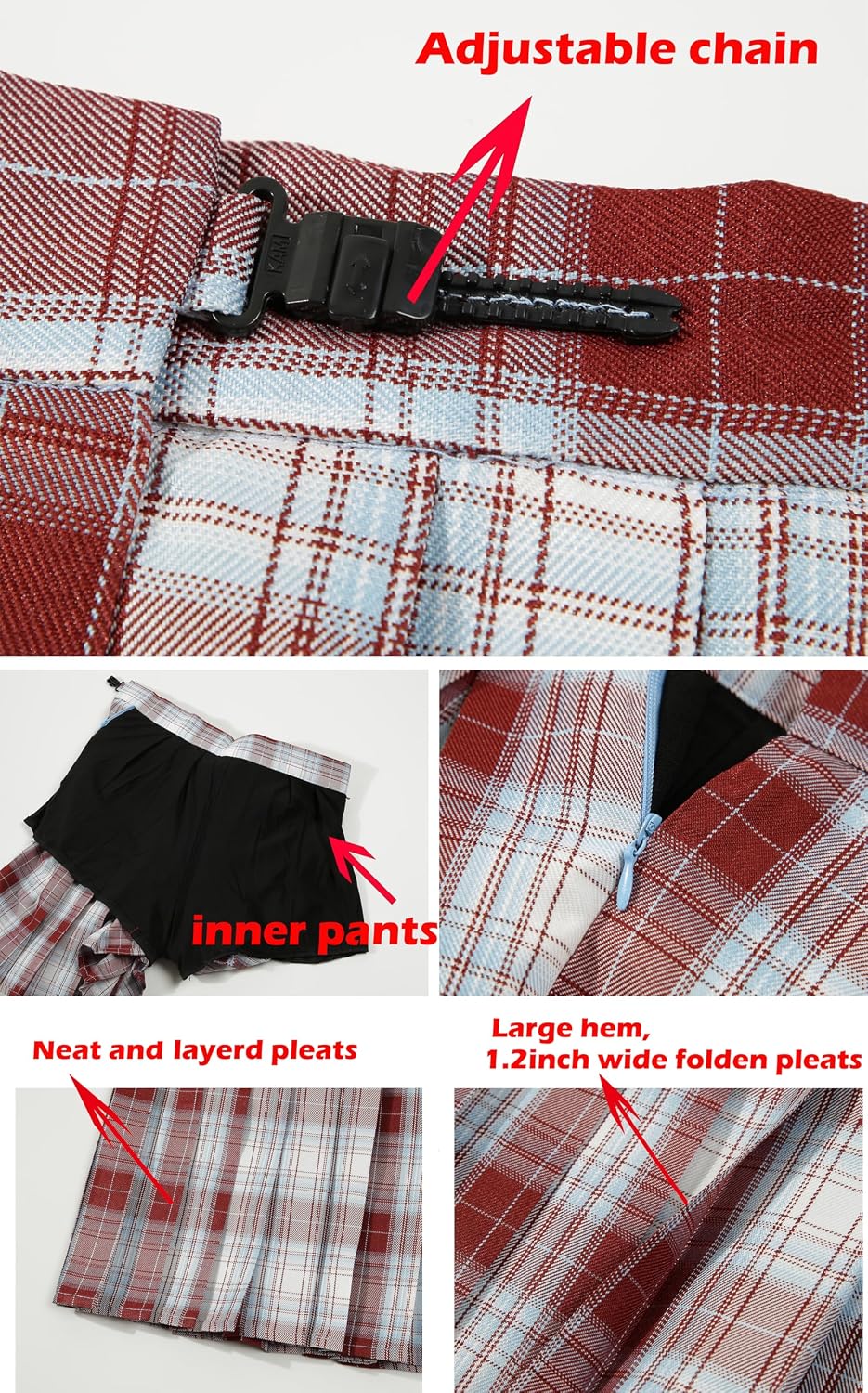 Women's Girls Plaid Pleated Uniform Skirts with Bow Ties Set 3 pcs(Asia Medium, Blue Red White Skort)