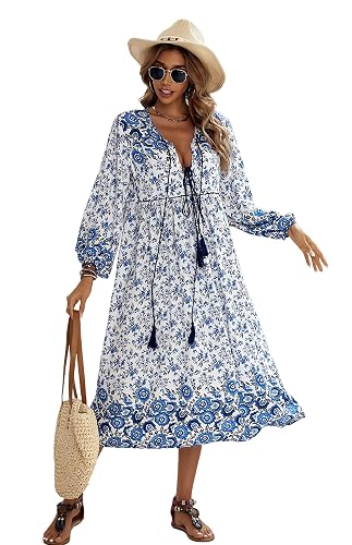 R.Vivimos Women's Long Sleeve Floral Print Retro V Neck Tassel