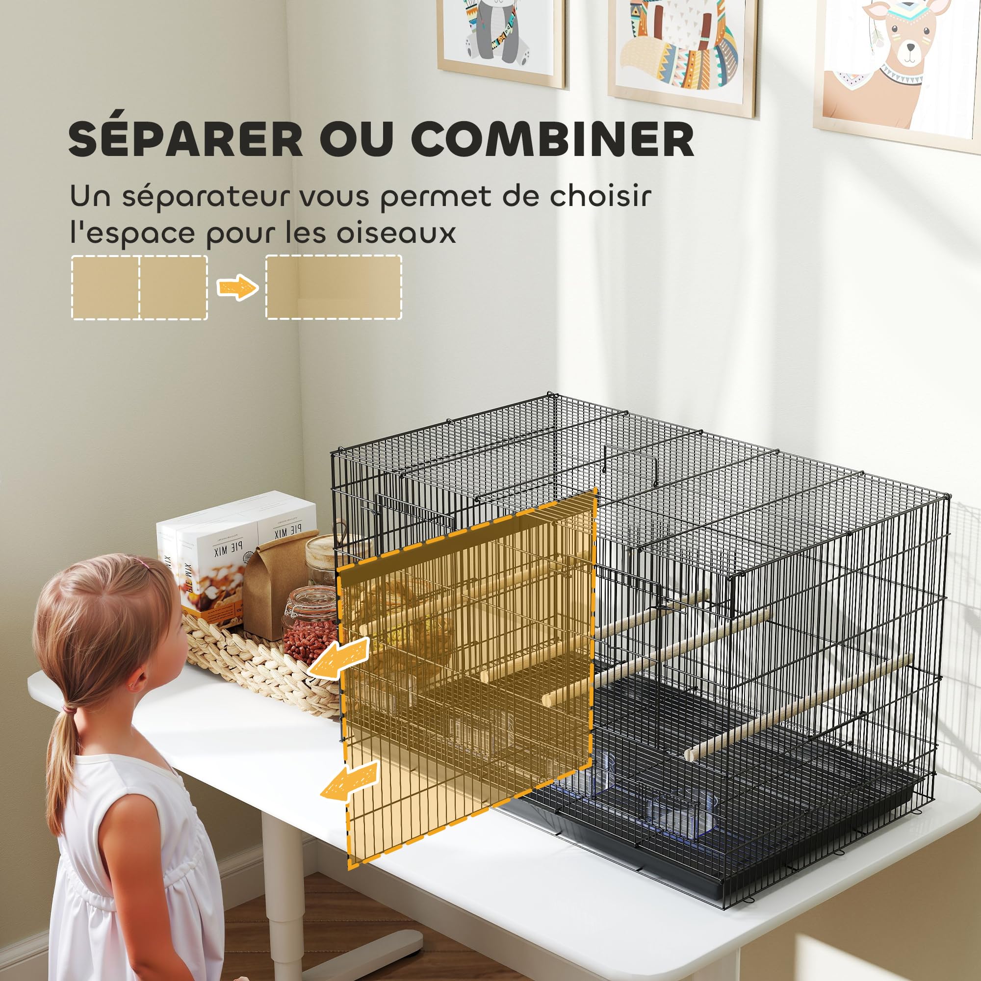 PawHut Cage à Oiseaux volière intérieur en Acier avec séparateur, 4 perchoirs en Bois, Plateau Coulissant, 4 mangeoires, pour perruches, canaris, pinsons, 76 x 46 x 46 cm, Noir