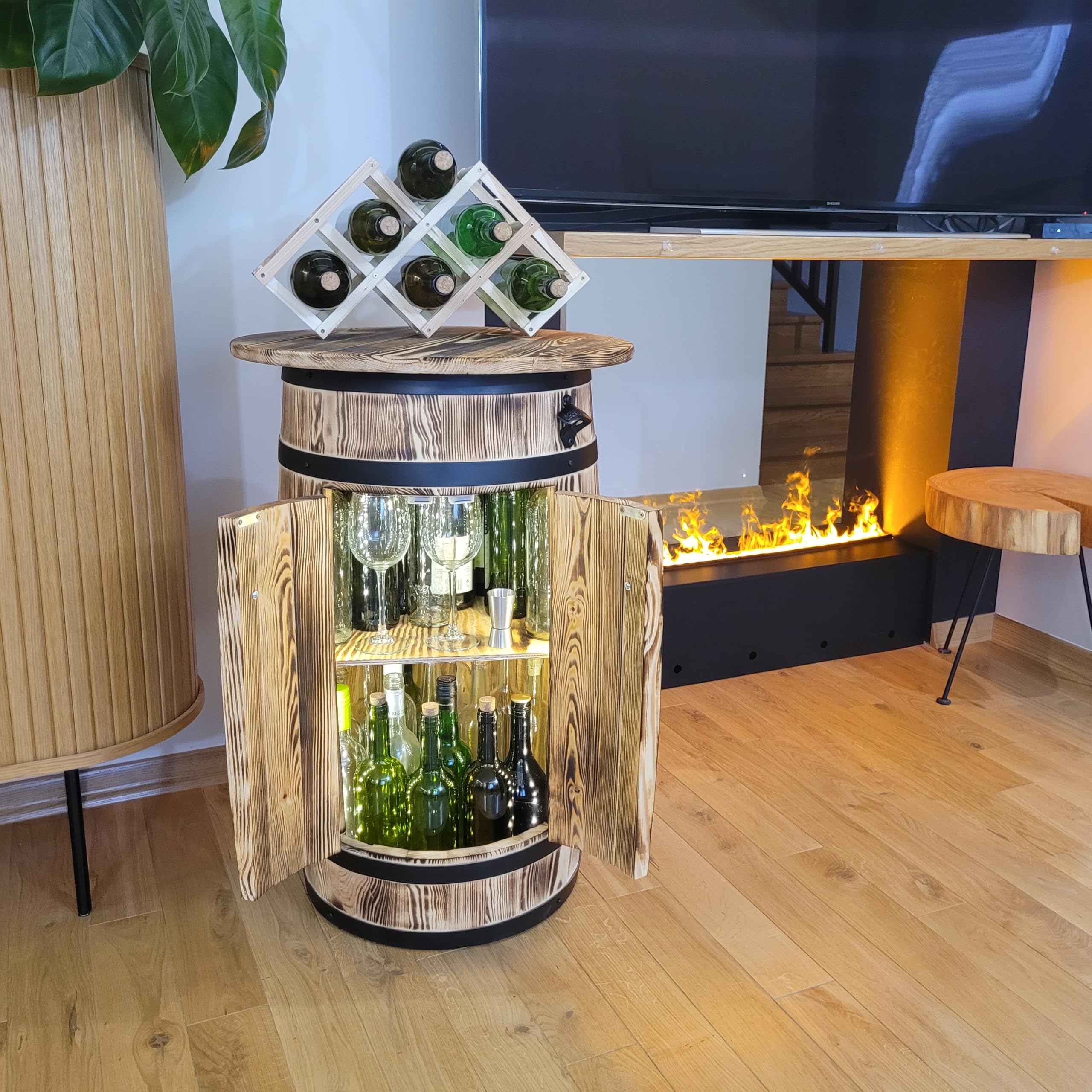 weeco Holzfass mit großer Ablagefläche und LED-Beleuchtung sowie klappbarem Weinregal für Zuhause und Gastronomie, Flaschenschrank für Alkohol, Flambiertes Holz 80x55x44 cm