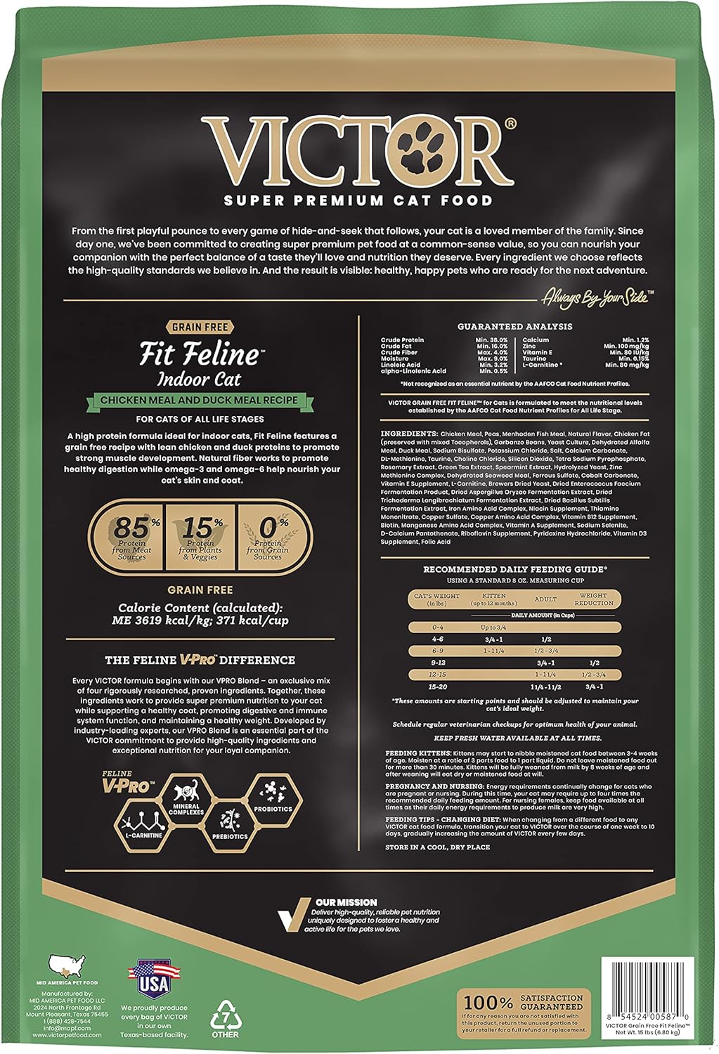VICTOR Super Premium Cat Food – Grain Free, High-Protein Fit Feline - Dry Cat Food for Indoor Cats - 38% Protein, 16% Fat - for All Breeds and All Life Stages from Kitten to Adult, 15lb