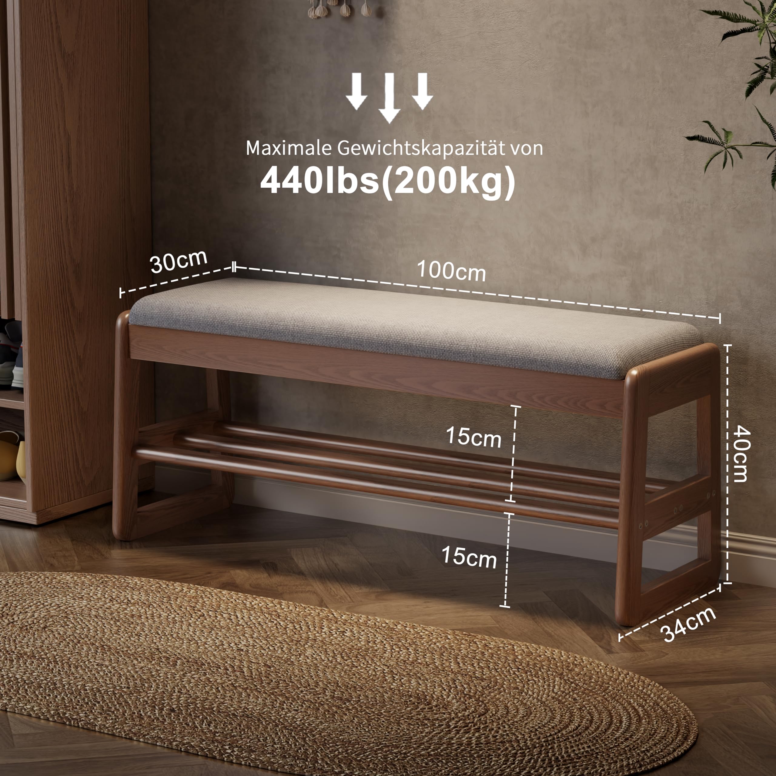 AQIMUELE Schuhregal Bank mit Kissen, 2 Ebenen, Schuhbank mit Klappdeckel, Schuhregal aus Holz für Eingang, Flur 100CM(Walnuss)