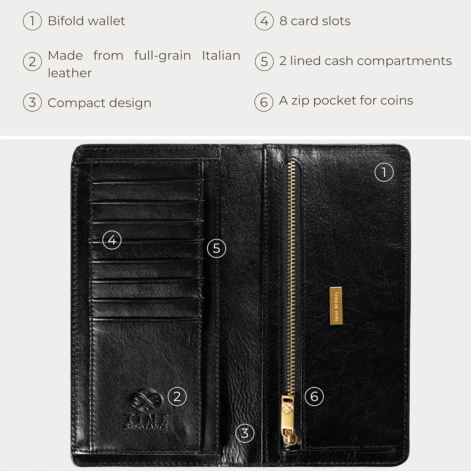 Time Resistance Long Leather Wallet - Bifold Mens Suit Leather Wallet - Checkbook Wallet - Tall Billfold Card Case - Slim Wallet Made in Italy (Black) - Image 6