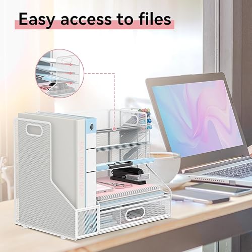 Miniatura 3 de SUPEASY Organizador de escritorio con soporte para archivos, bandeja de papel de malla de 5 niveles y 3 clasificadores de archivos inclinados para