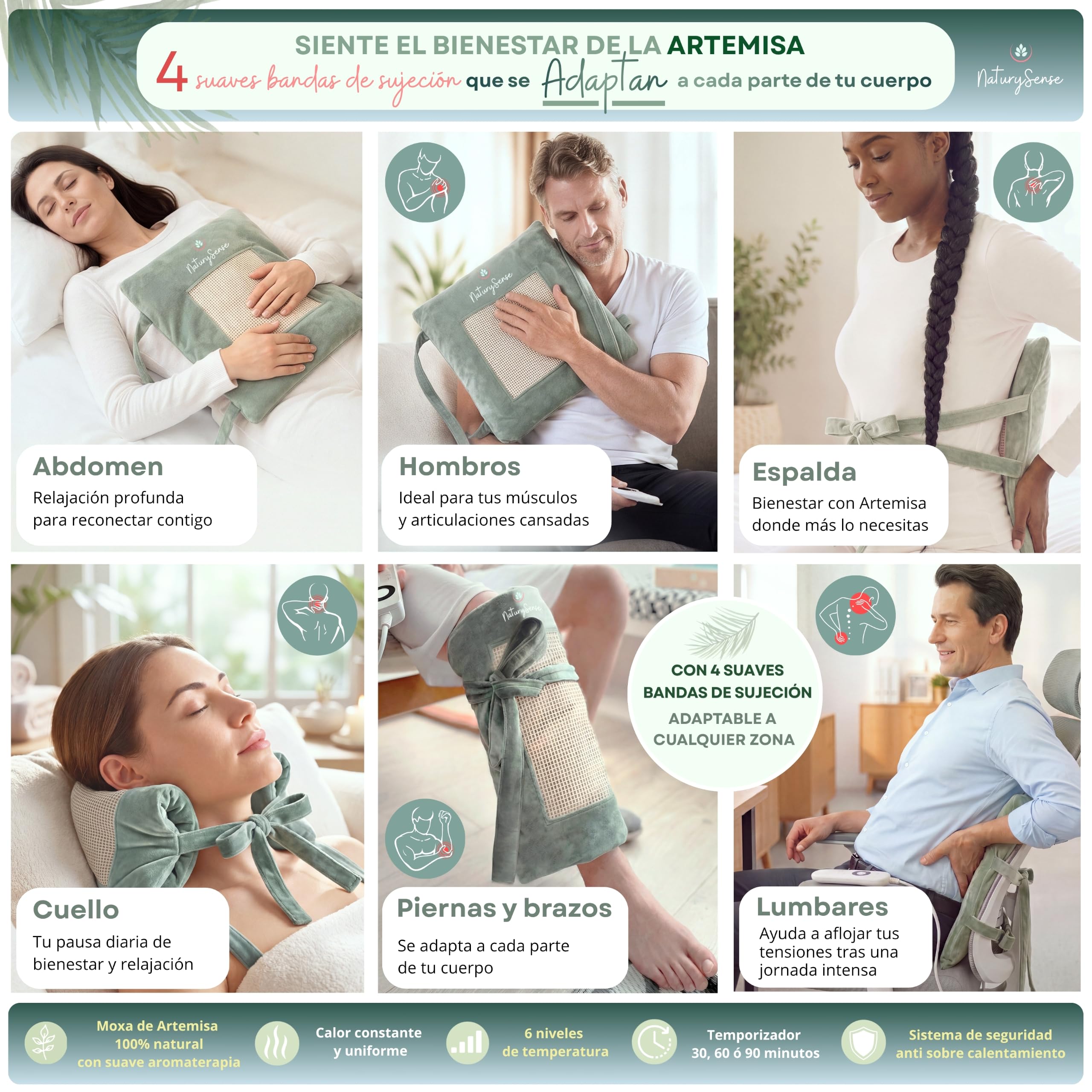 Almohadilla Eléctrica Premium con moxa de Artemisa. Multizona | 42 x 42 cm, 6 niveles de calor,temporizador 30/60/90 min, algodón orgánico,4 bandas de sujeción,lumbar,espalda,cuello,abdomen
