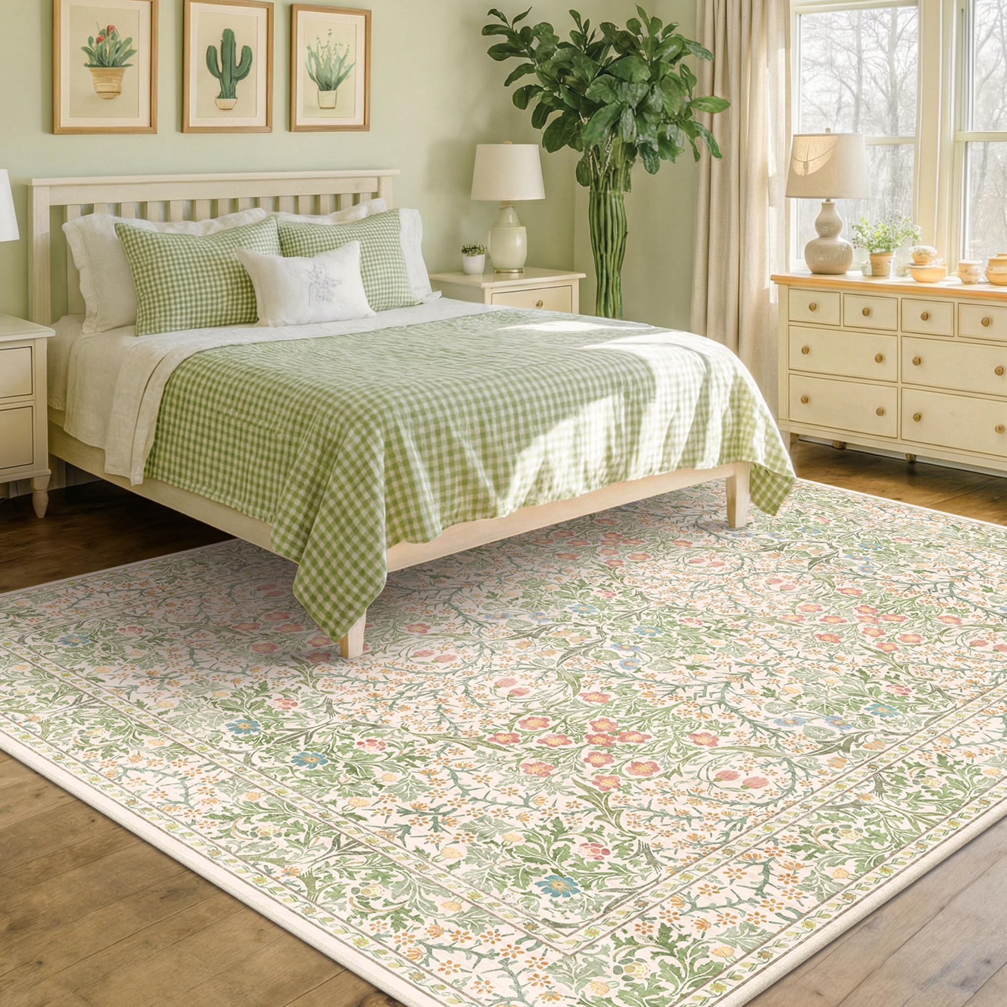 Washable Light Green Rug for Bedroom - 9x12 Large Area Rug for Dining Room Under Table, Living Room, Soft Low Pile Carpet for Playroom - Vintage