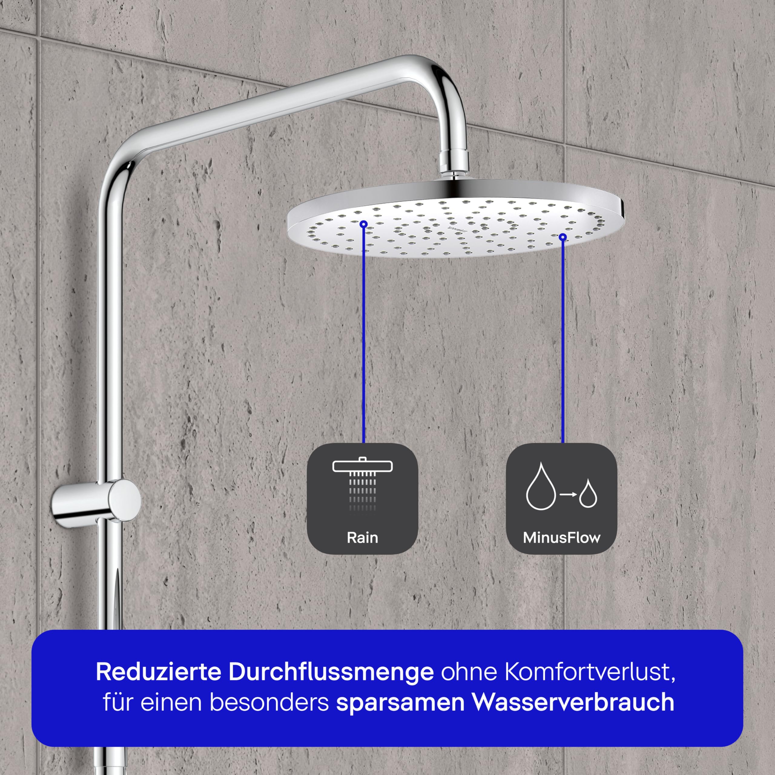 Duravit Reno Duschsystem, wassersparende Regendusche Ø 25 cm mit Umsteller, Duschset ohne Armatur, Handbrause mit Schlauch und 3 Strahlarten, ideal für Renovierungen, Chrom