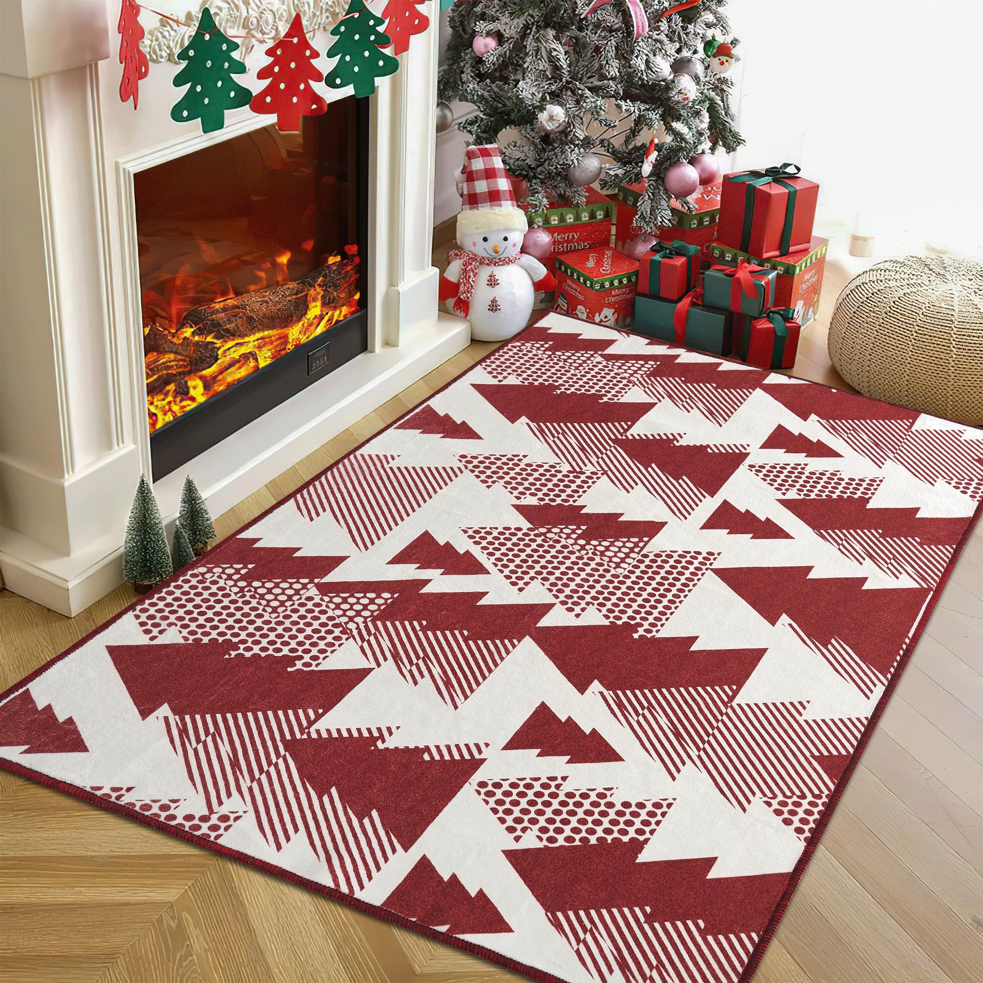 PONY DANCE Alfombra de Navidad Alfombra Lavable Lavadora 120x160cm Alfombra Pelo Corto Alfombra Lavable Antideslizante para Salón/Dormitorio/Habitación Infantil, Rojo