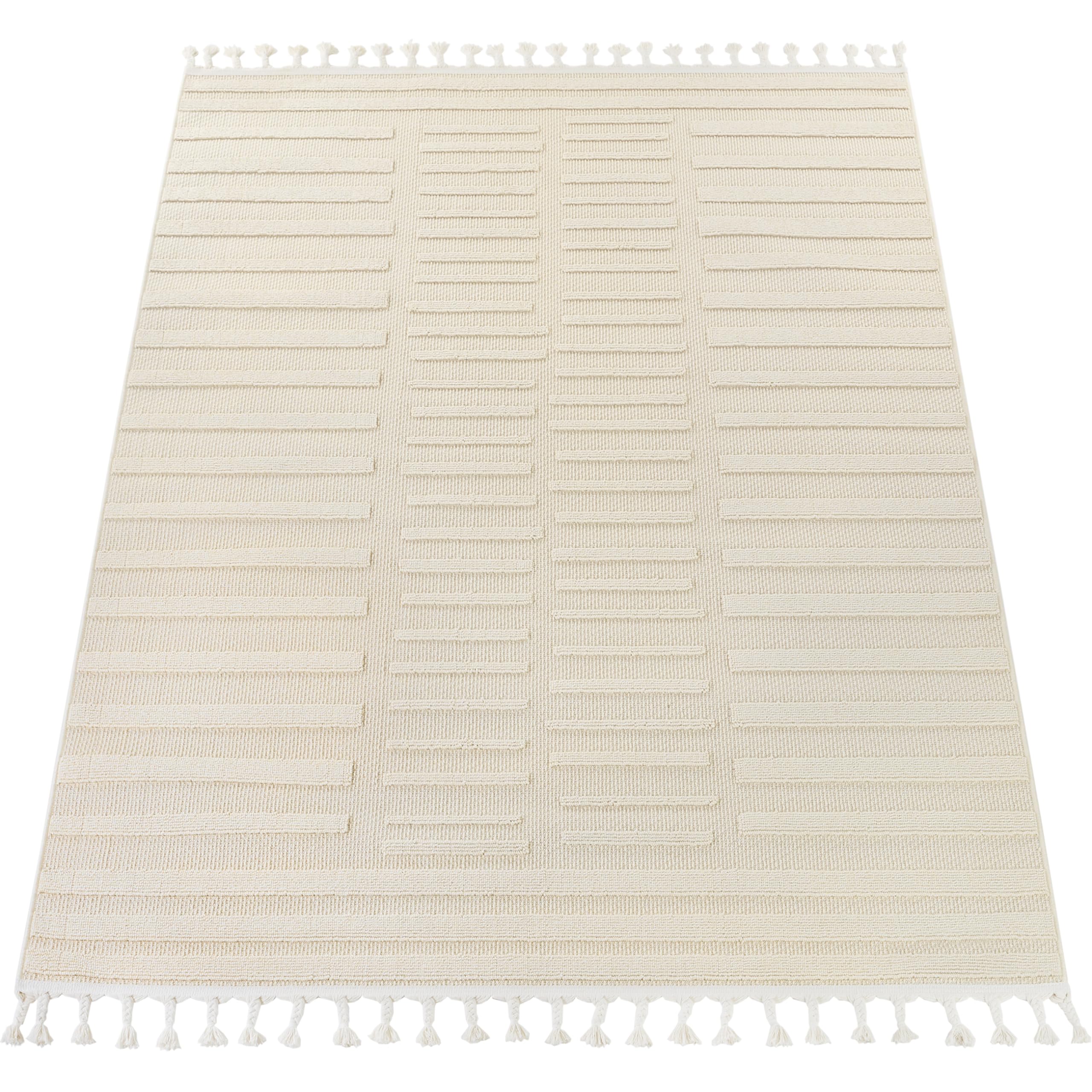 TAPISO Rio Loop Tapis Extérieur Intérieur à Franges Terrasse Balcon Jardin d'hiver Salon Cuisine Moderne Crème Rayé Aspect 3D Résistant aux Intempéries Oeko-TEX 200 x 300 cm