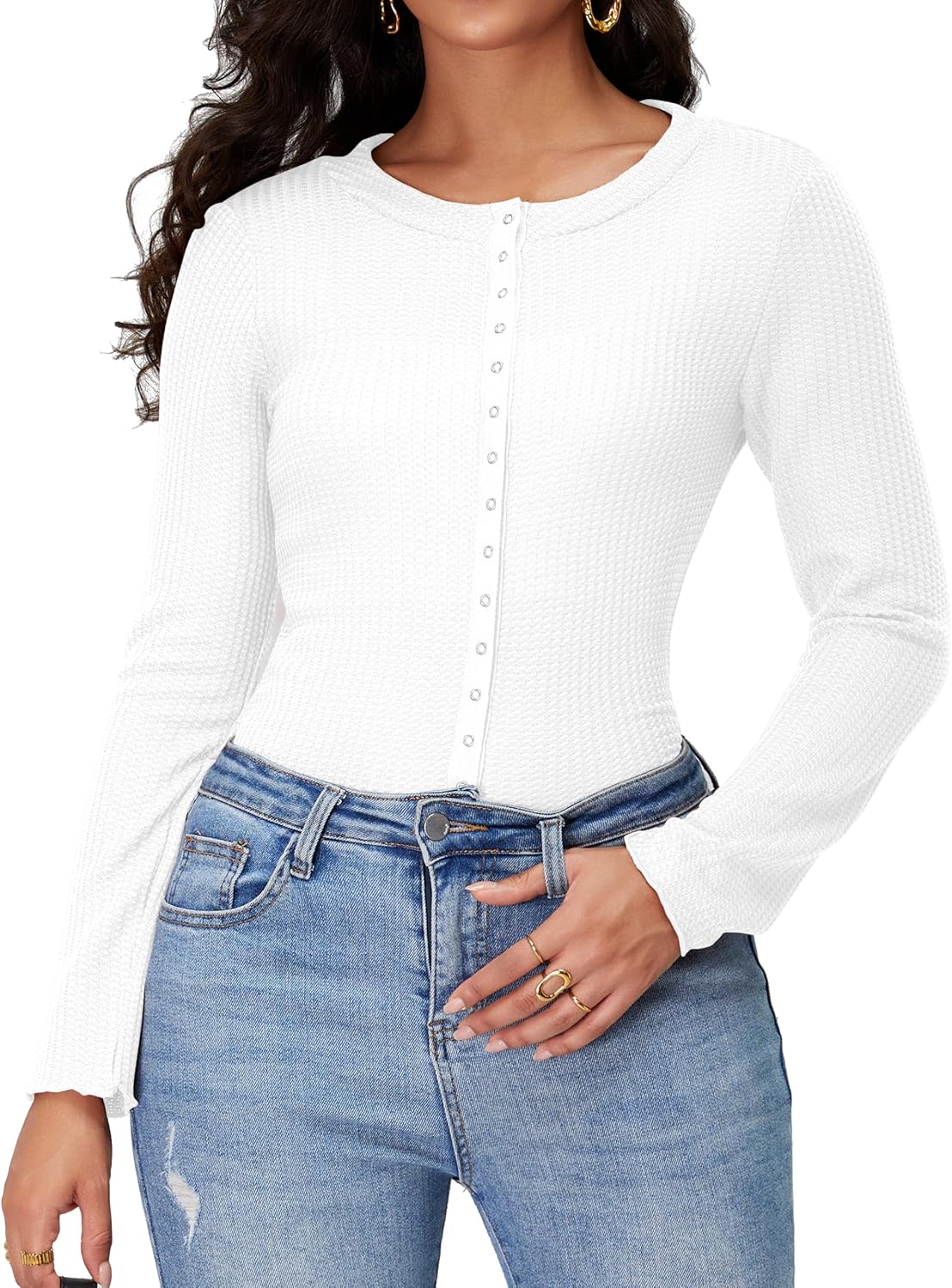 Waffle Cardigan Sweater Shirts for Women Lightweight Button Down Long Sleeve Crew Neck Knit Swater Tops