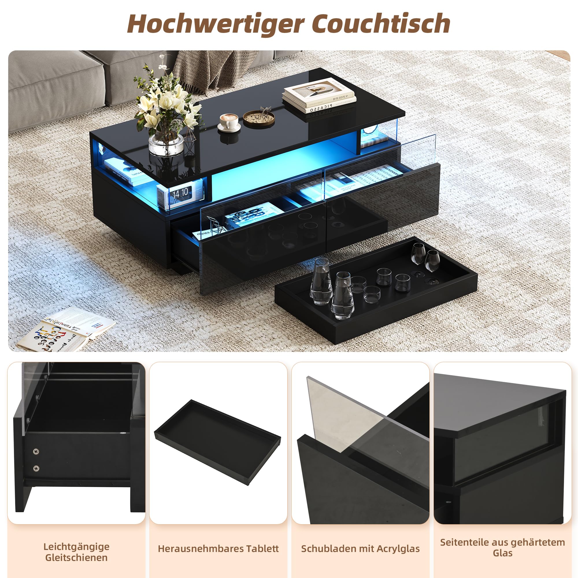 BTM Speicher-Couchtisch mit LED Licht und 2 Schubladen 90x45x35.5 cm Couchtisch fürs Wohnzimmer Hochglanz Sofatisch mit Tablett und gehärtetem Glas Schwarz