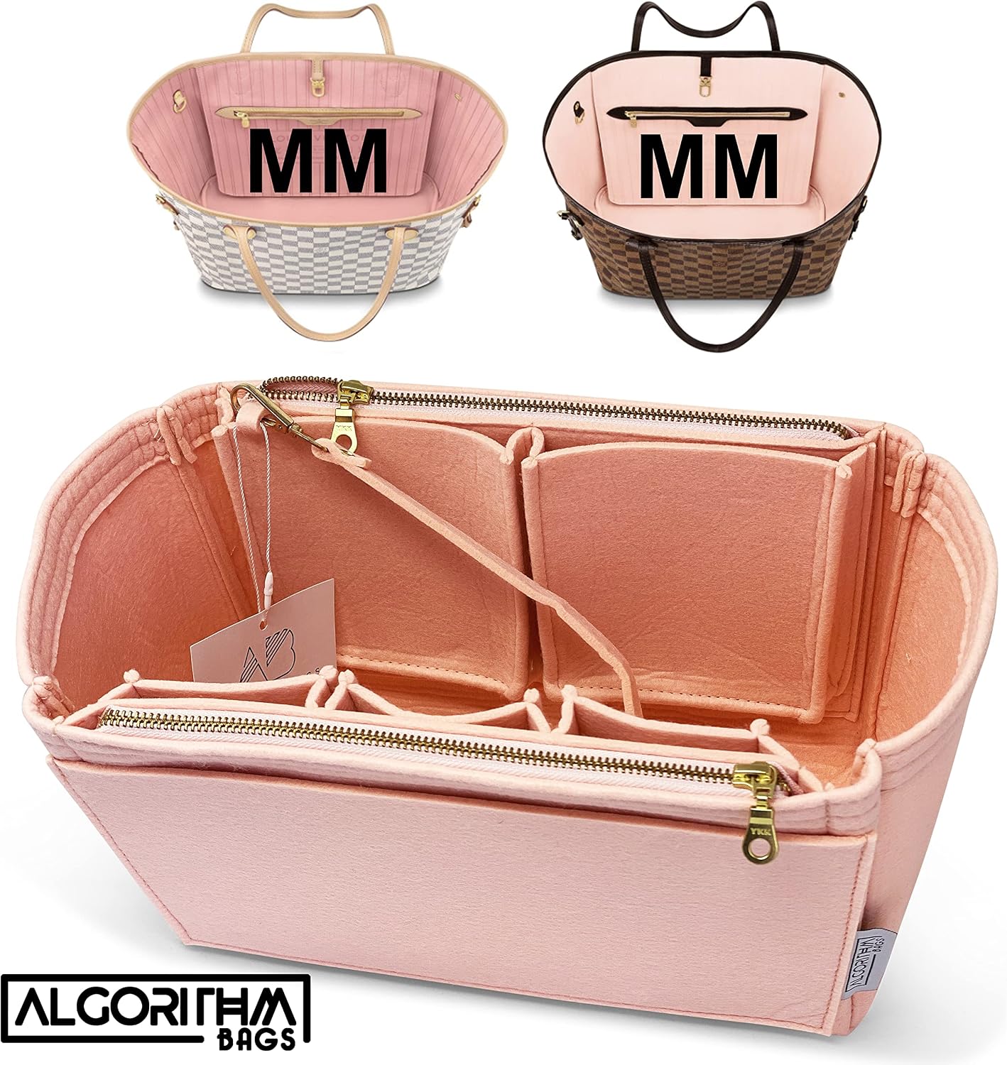 Purse Organizer Insert | designed for LV Neverfull GM MM PM | Luxury Bag Shaper Liner Divider Protector | 3mm Felt (MM Zipper, Rose Ballerine)
