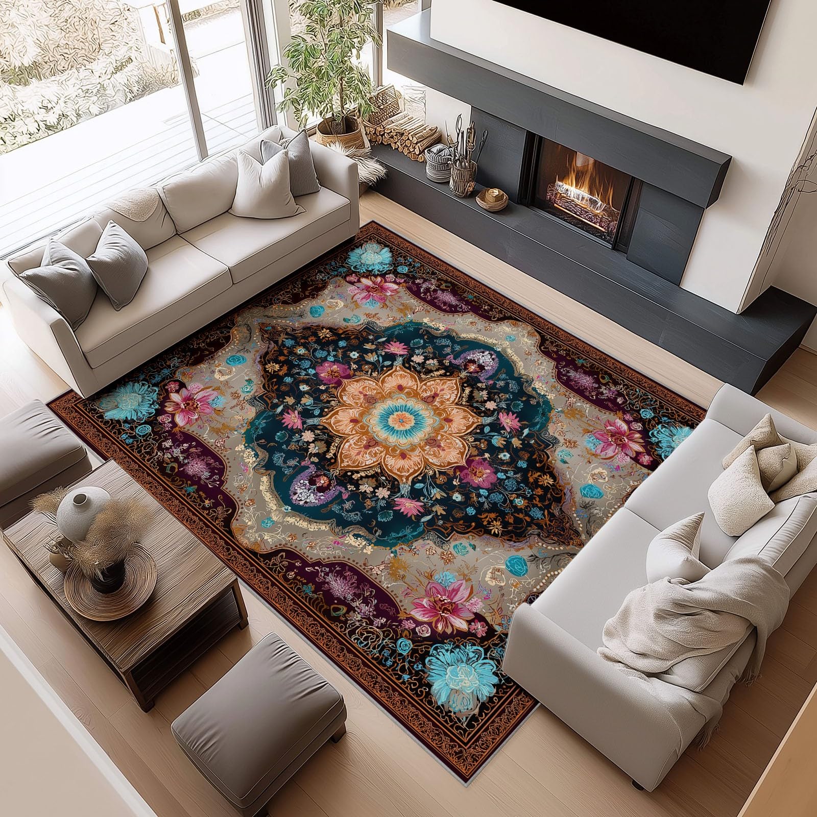 Generisch Antypoślizgowy dywan do salonu, 140 x 200 cm, vintage, klasyczny mandala, nadaje się do prania, tradycyjny dywan do salonu, gabinetu, sypialni