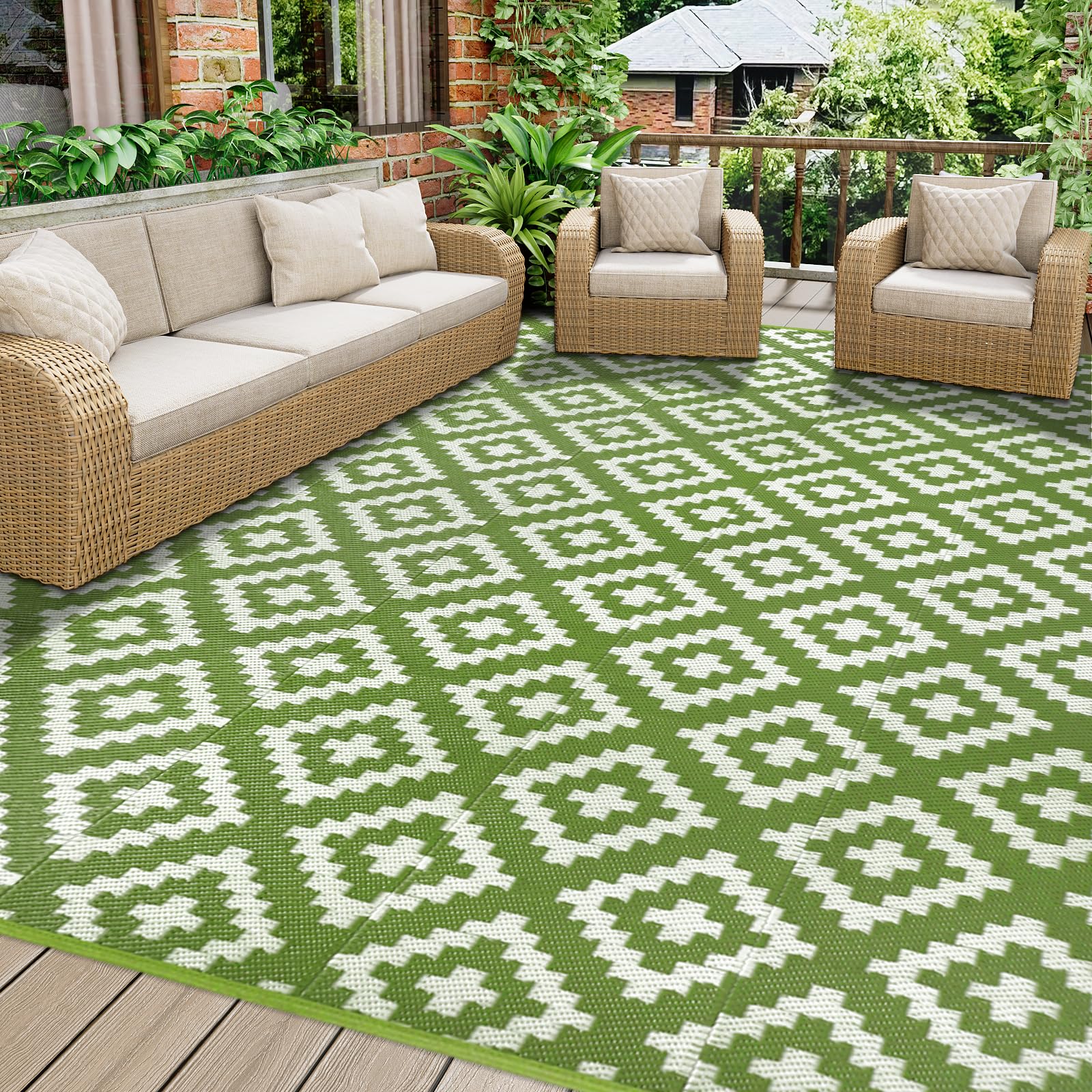 Homcomodar Outdoor Teppich für Patio Clearance UV-beständige Camping Matte Kunststoff Stroh Teppich wasserdichte Patio Teppich Reversible Matte für BBQ Picknick Balkon Beach Deck