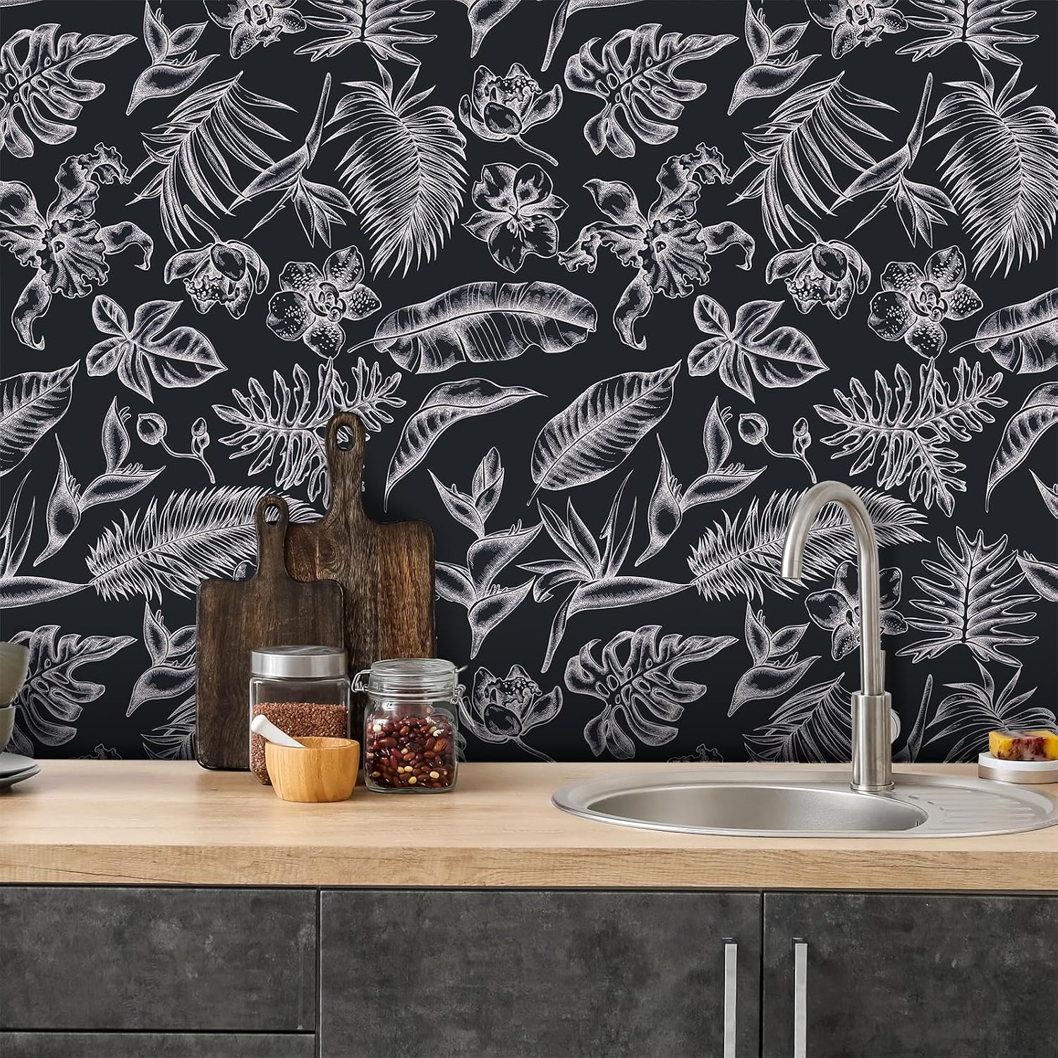 CRE8TIVE 24"x118" Dark Tropical Leaf Peel and Stick Wallpaper - Monstera Palm, Banana Leaf, Floral - Removable, Self-Adhesive Jungle Botanical Leaves Plant Wallpaper for Bathroom, Bedroom, Cabinets
