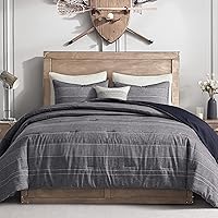 Vista 10 de Wonderful - Juego de edredón gris oscuro tamaño queen, edredón bohemio ligero de algodón a rayas teñido en hilo estilo rústico con fundas
